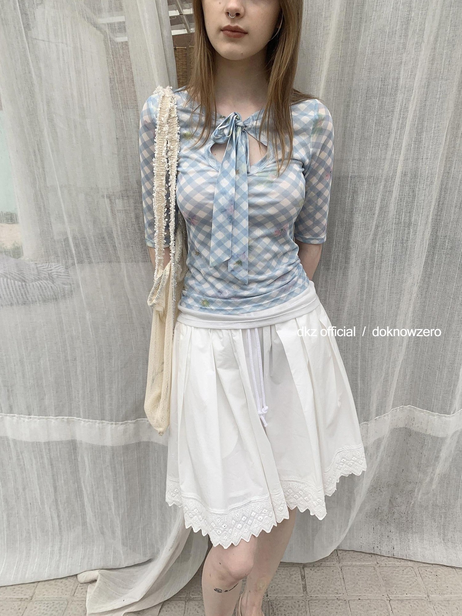 DKZ OFFICIAL Blue Mesh Plaid Print Layered Slim Fit Women&
