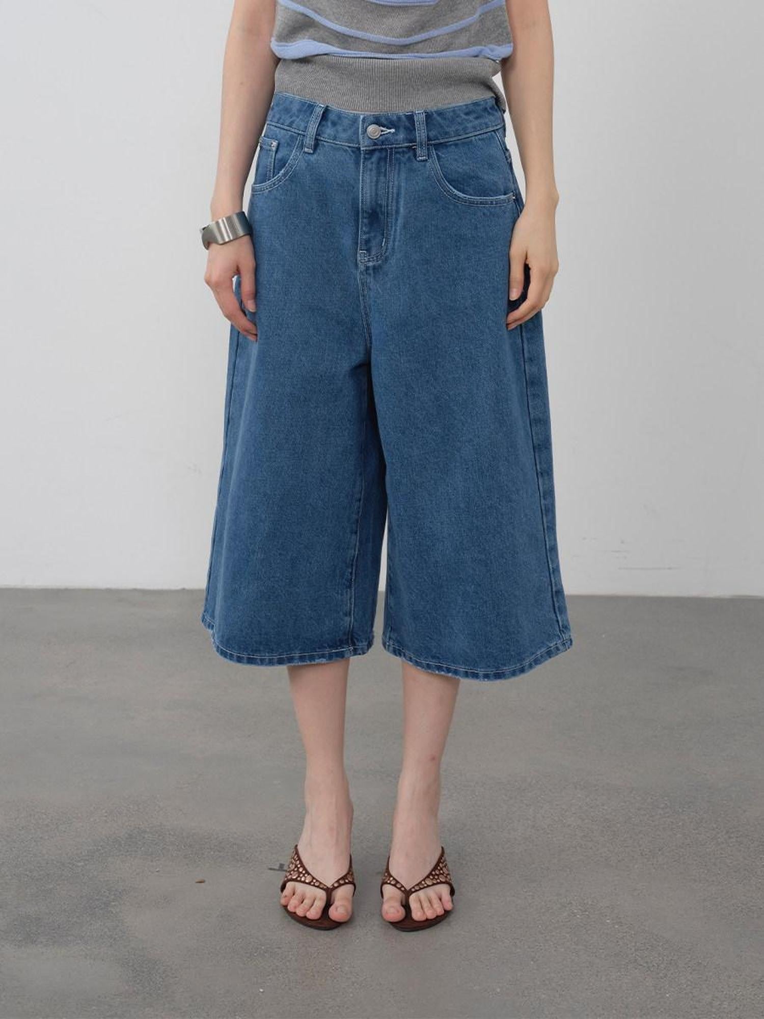 DKZ OFFICIAL Blue Mid Stretch Button Fly Wide Leg Women&