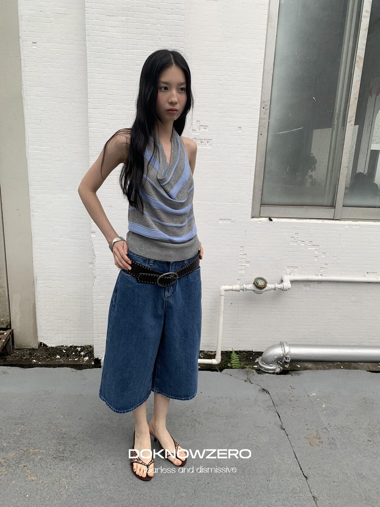 DKZ OFFICIAL Blue Mid Stretch Button Fly Wide Leg Women&