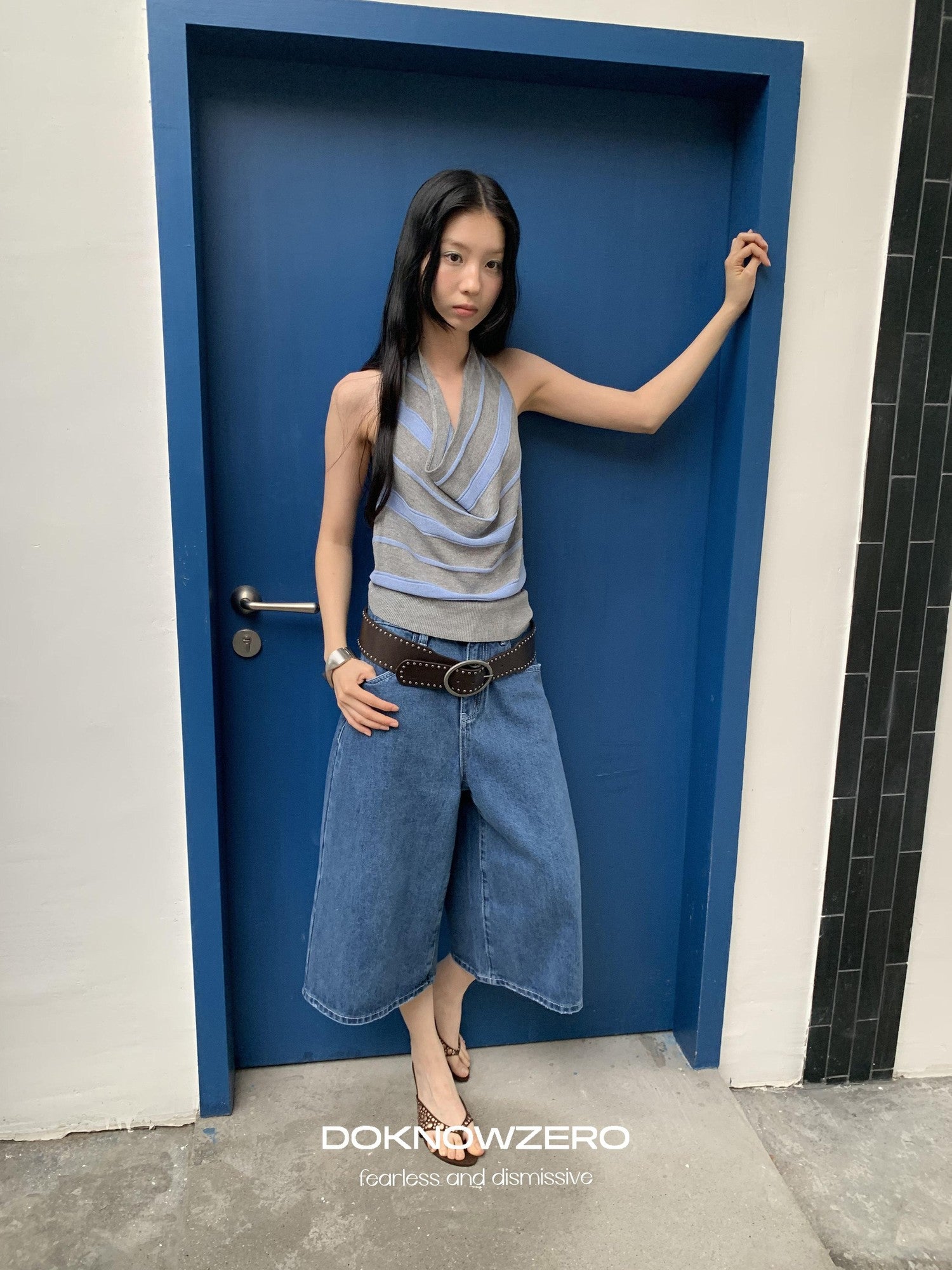 DKZ OFFICIAL Blue Mid Stretch Button Fly Wide Leg Women&