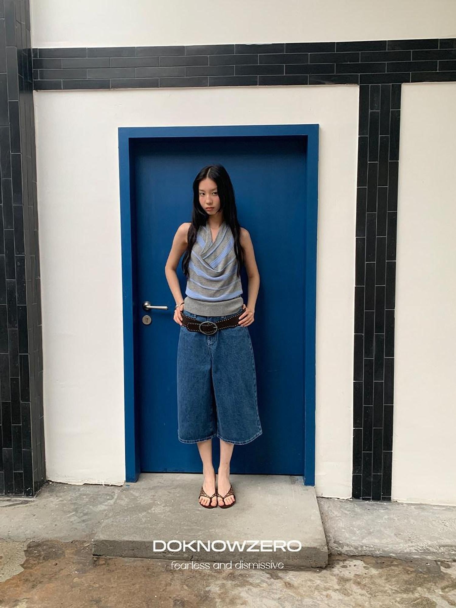 DKZ OFFICIAL Blue Mid Stretch Button Fly Wide Leg Women&