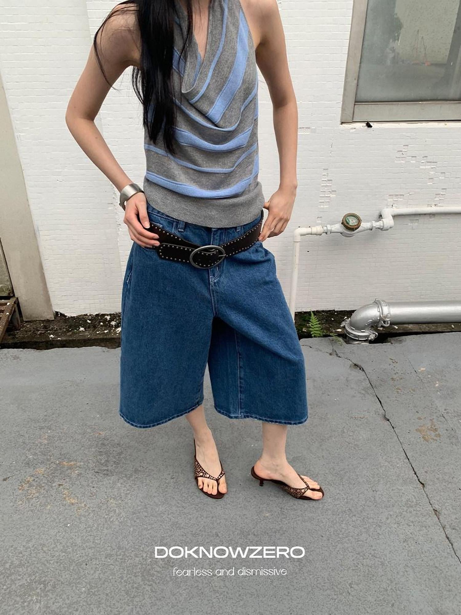 DKZ OFFICIAL Blue Mid Stretch Button Fly Wide Leg Women&