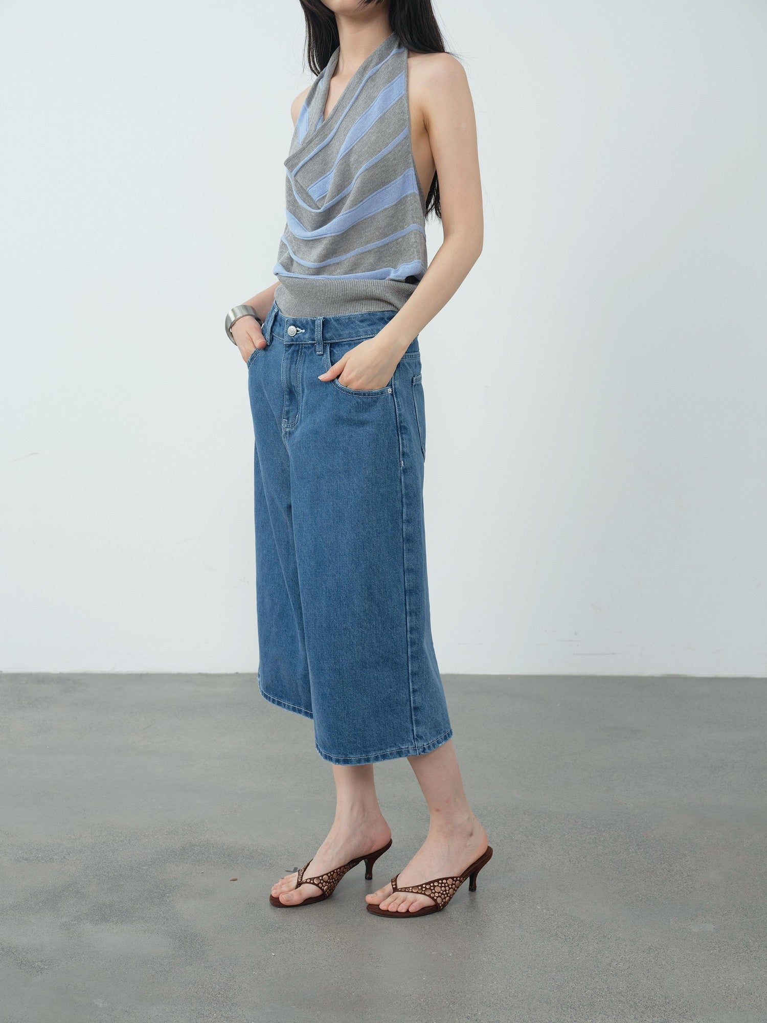 DKZ OFFICIAL Blue Mid Stretch Button Fly Wide Leg Women&