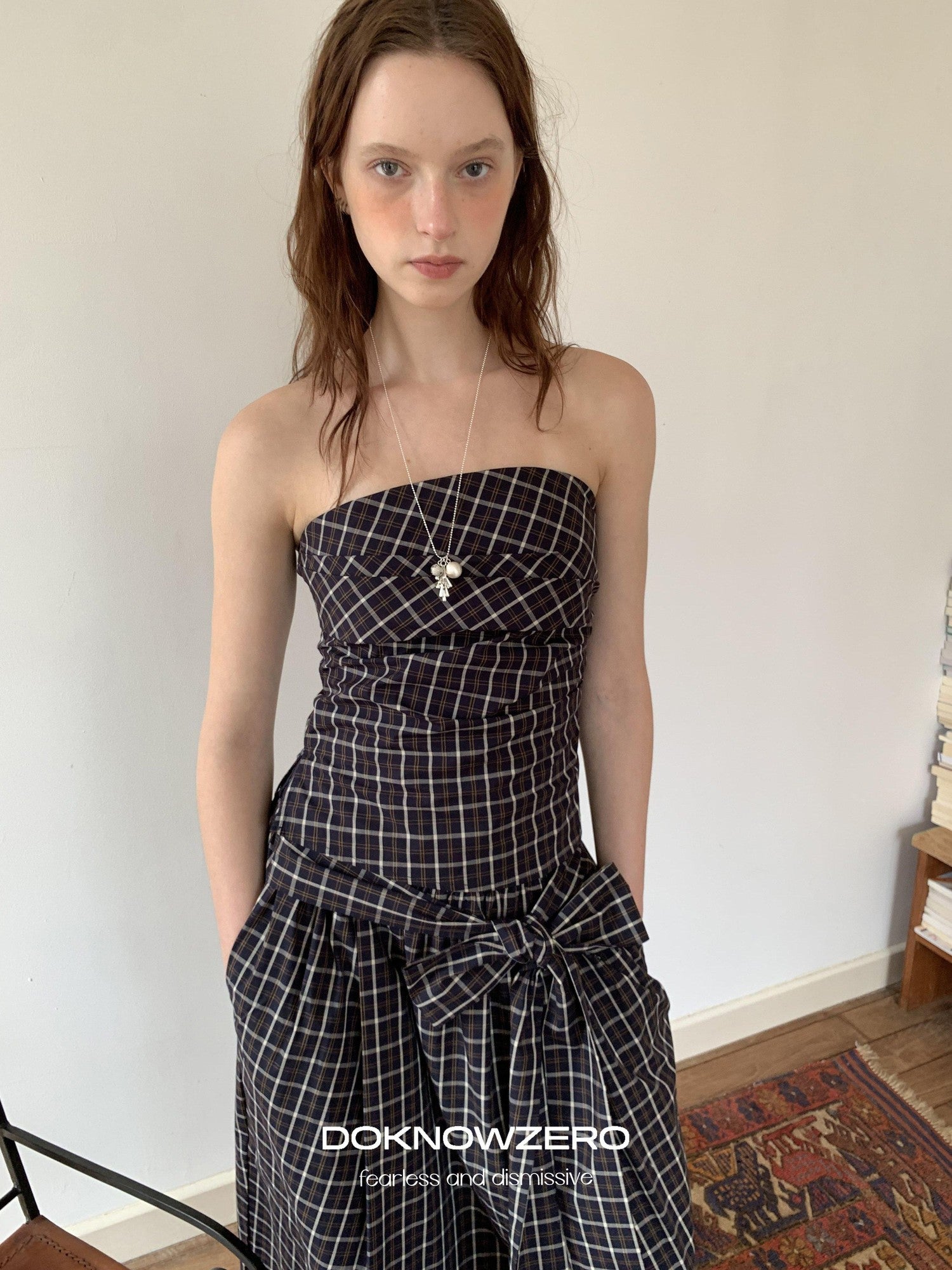 DKZ OFFICIAL Blue Plaid Tie Strap Lace Up Bandeau Two Piece Women&