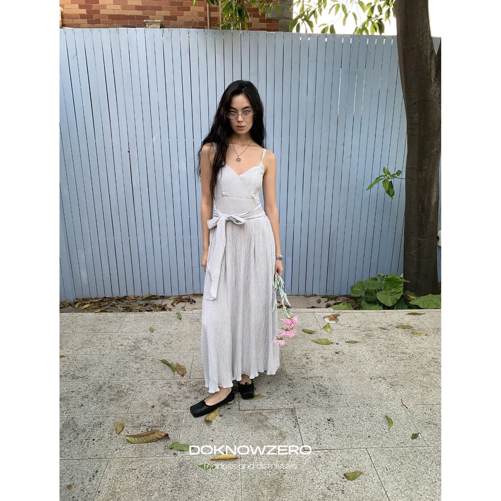 DKZ_OFFICIAL_Blue_Pleated_Texture_Waist_Tie_V-neck_Women&