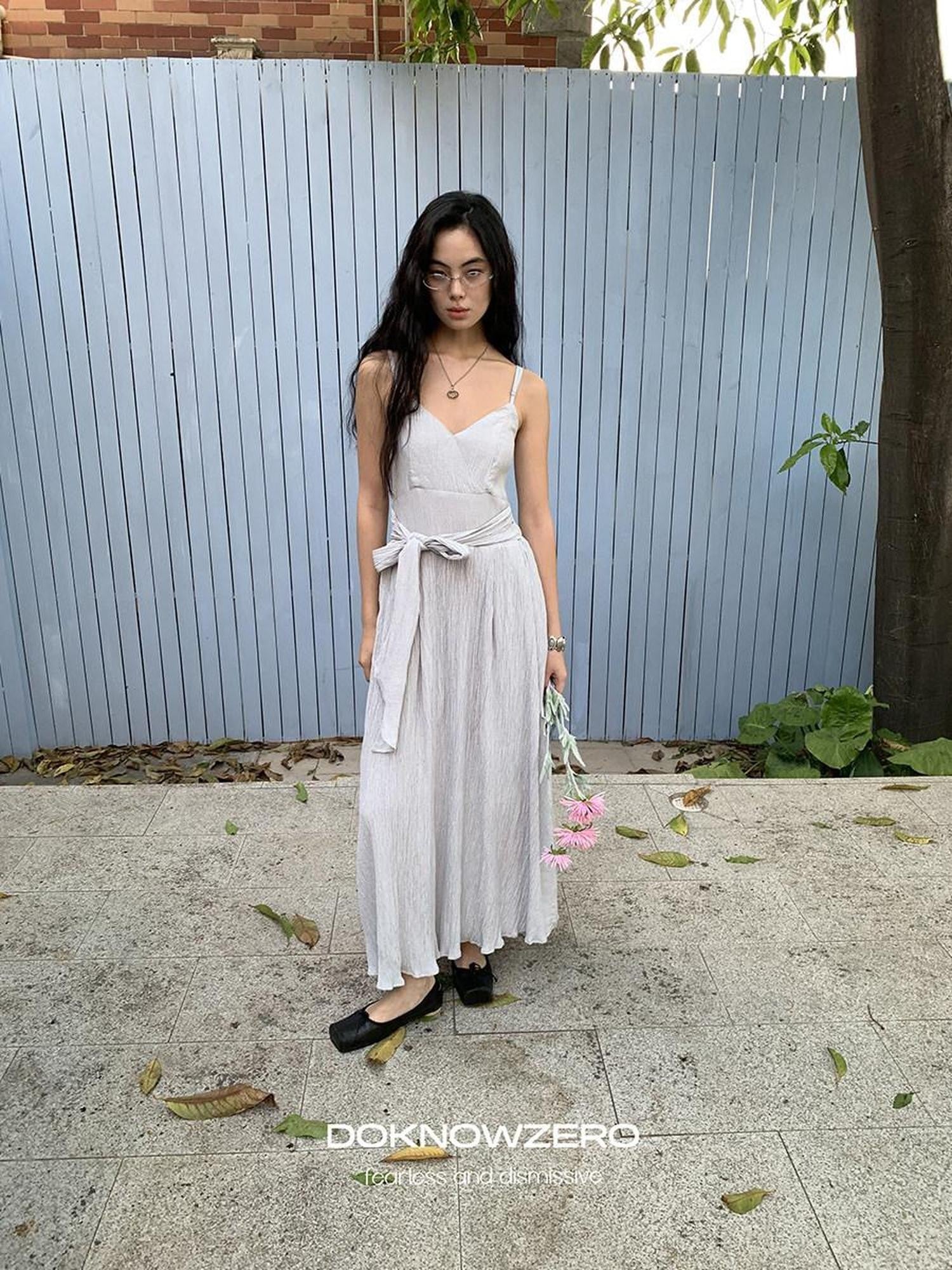 ladies viscose dresses DKZ OFFICIAL Blue Pleated Texture Waist Tie V-neck Women'S Blend Slip Midi – MISSTT Pure summer Style:Slim Fit Green and Black Stripe RTW