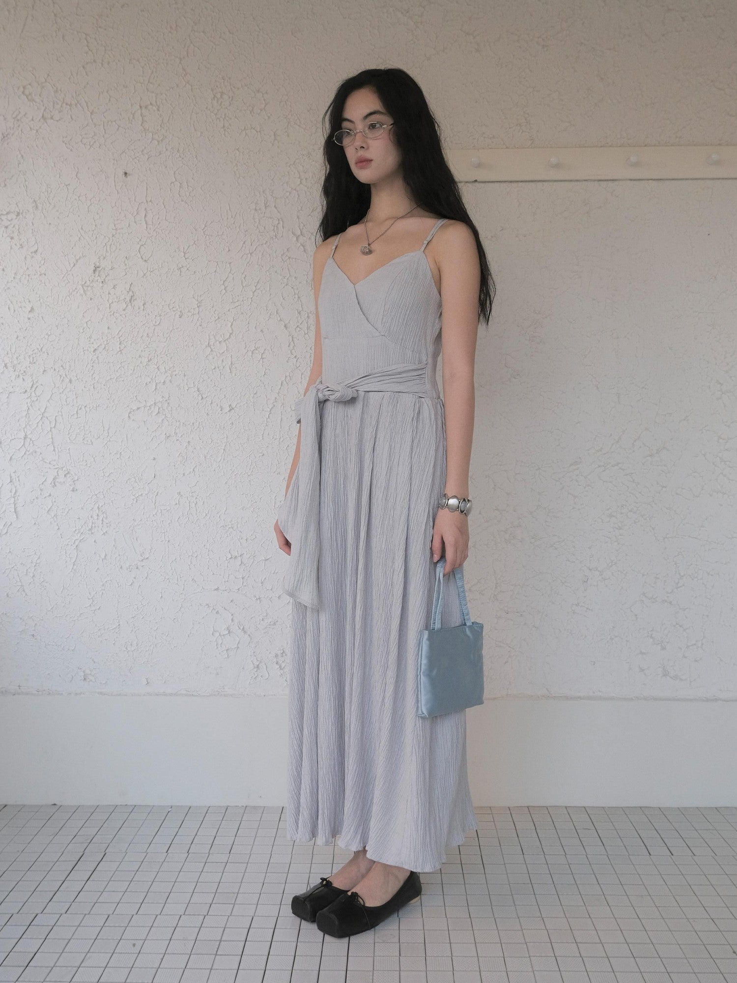 DKZ OFFICIAL Blue Pleated Texture Waist Tie V-neck Women&
