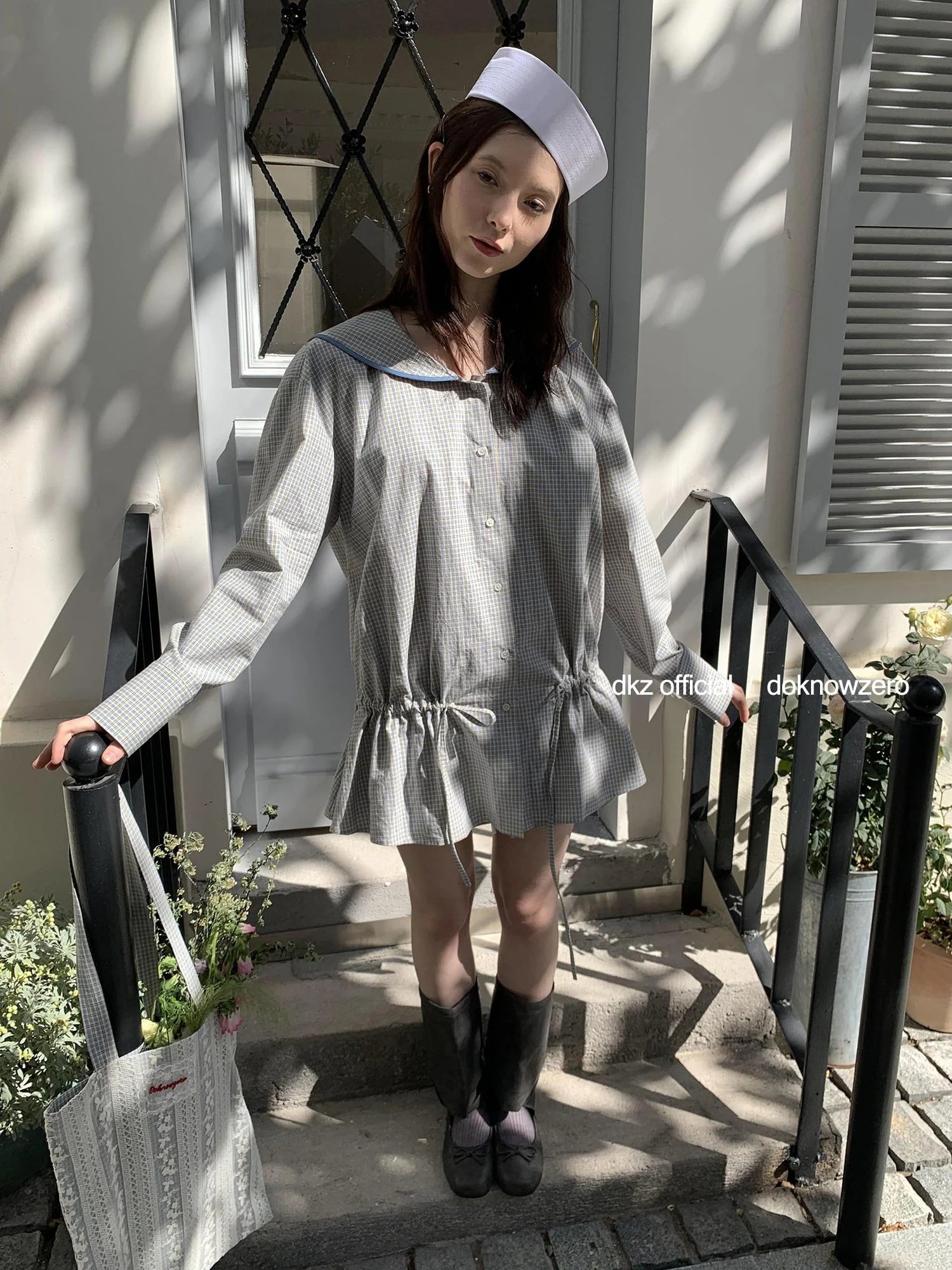 DKZ OFFICIAL Blue Retro Check Sailor Collar Drawstring Shirt