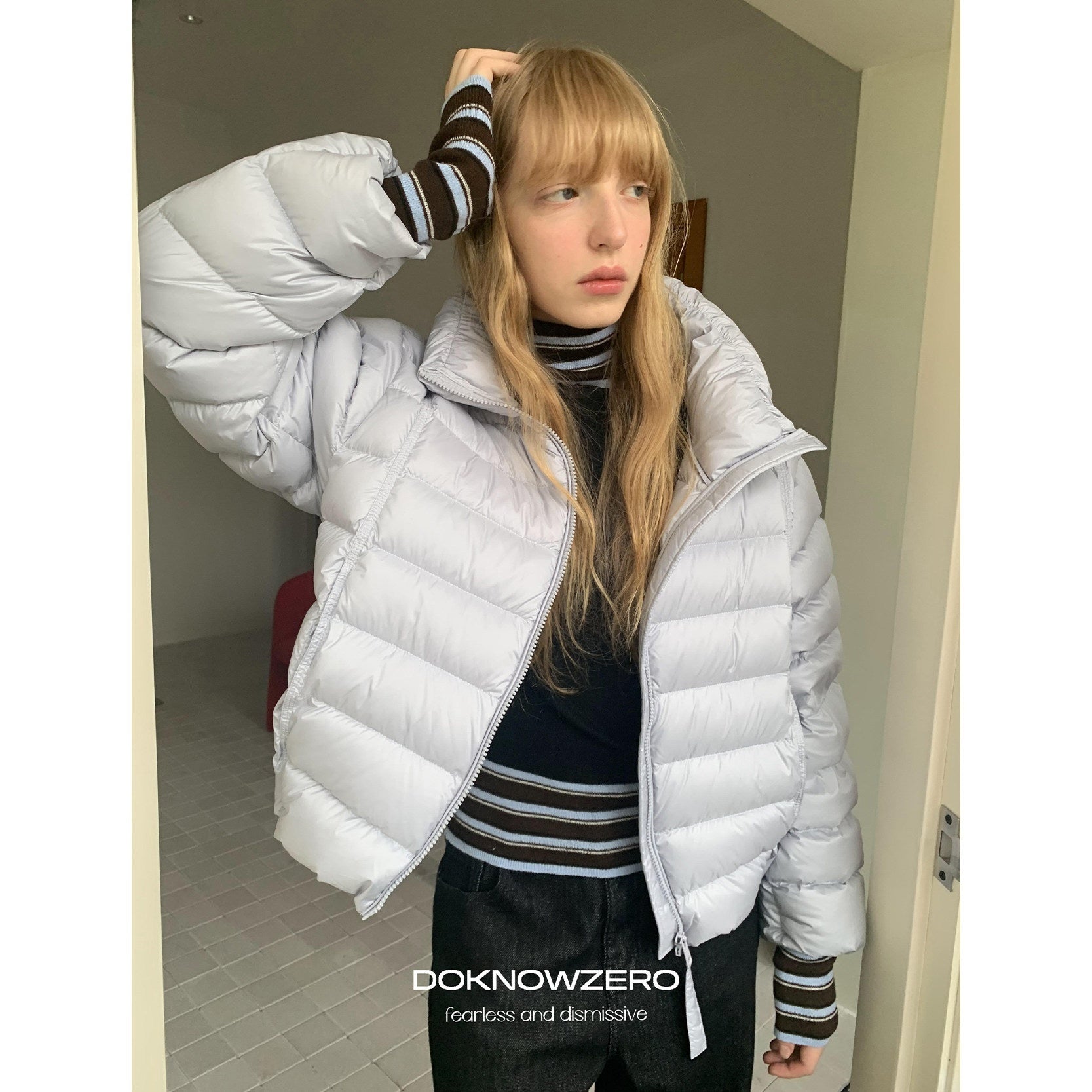 DKZ_OFFICIAL_Blue_Ribbed_Quilted_Stand_Collar_Lightweight_Women&