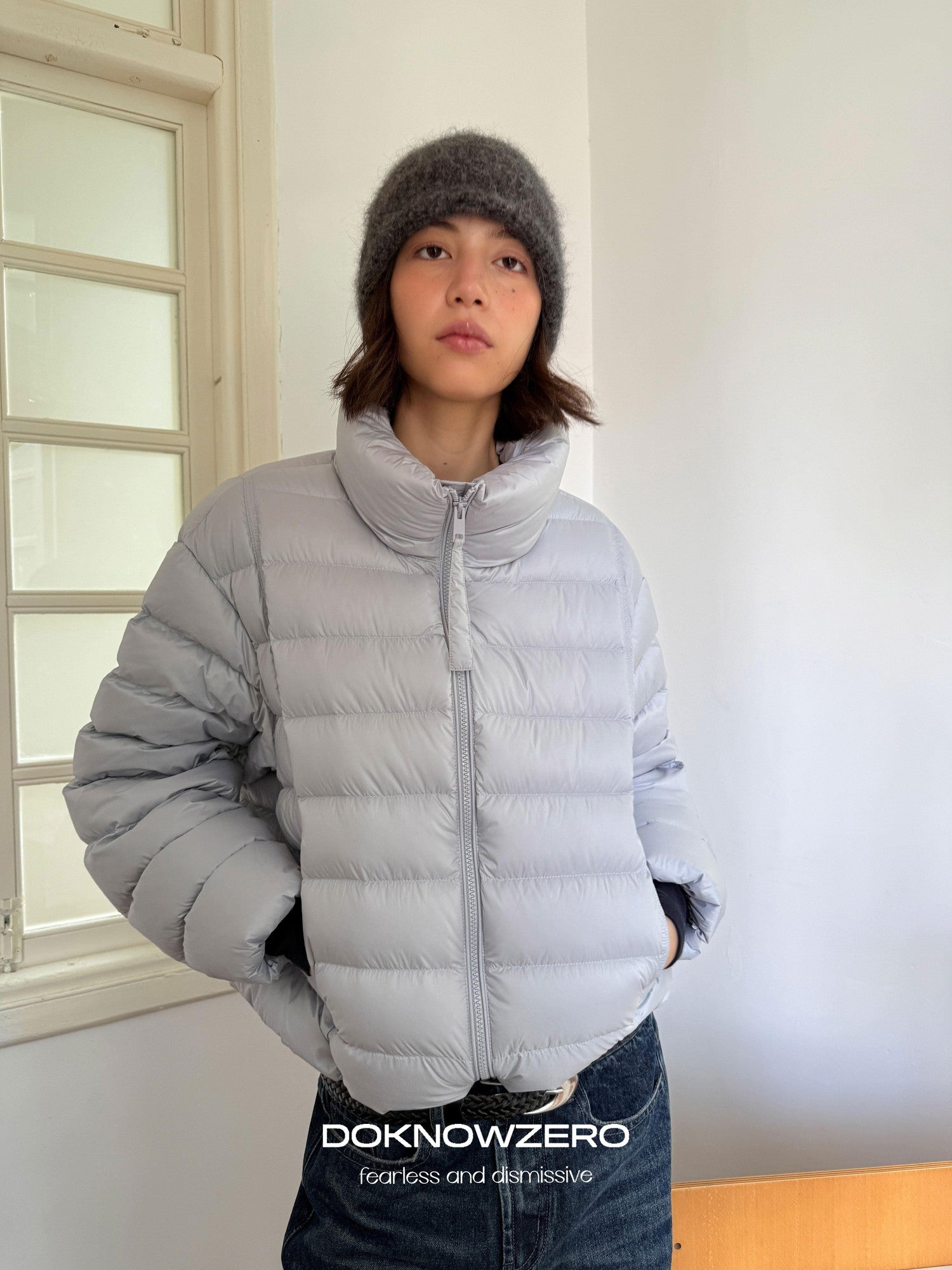 DKZ OFFICIAL Blue Ribbed Quilted Stand Collar Lightweight Women&