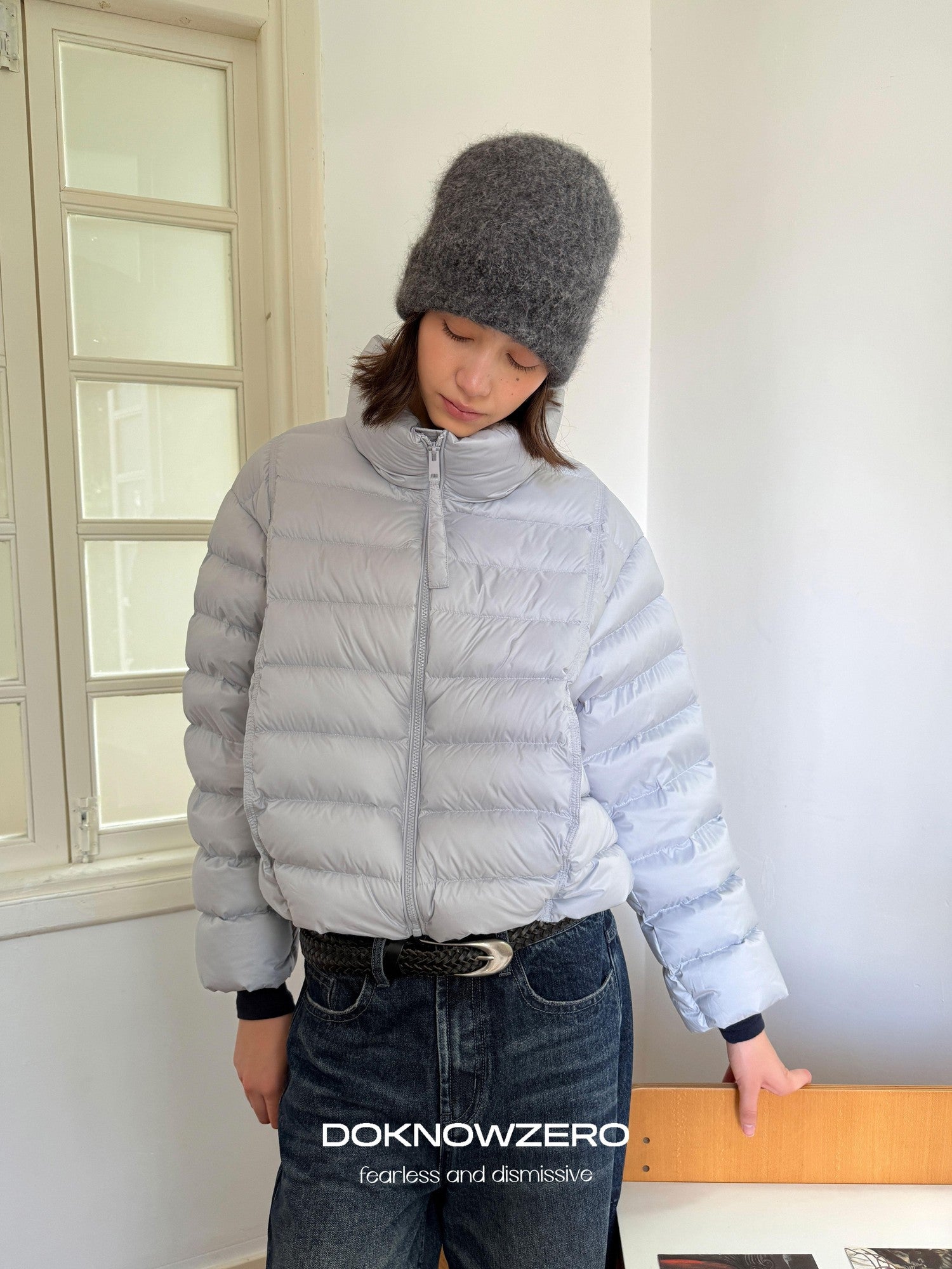 DKZ OFFICIAL Blue Ribbed Quilted Stand Collar Lightweight Women&