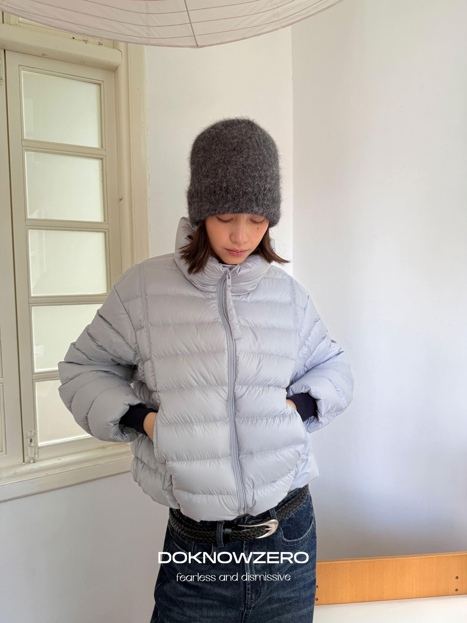 DKZ OFFICIAL Blue Ribbed Quilted Stand Collar Lightweight Women&