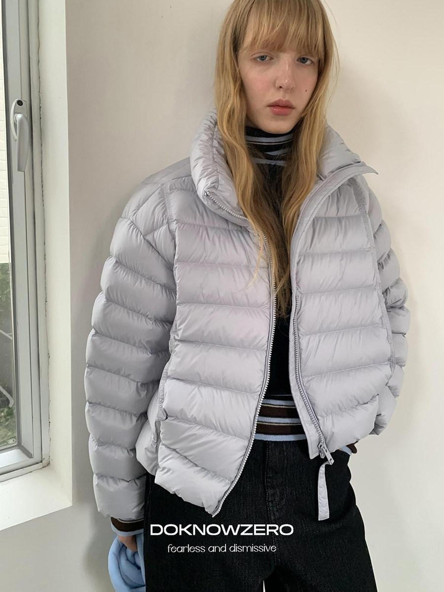 DKZ OFFICIAL Blue Ribbed Quilted Stand Collar Lightweight Women&