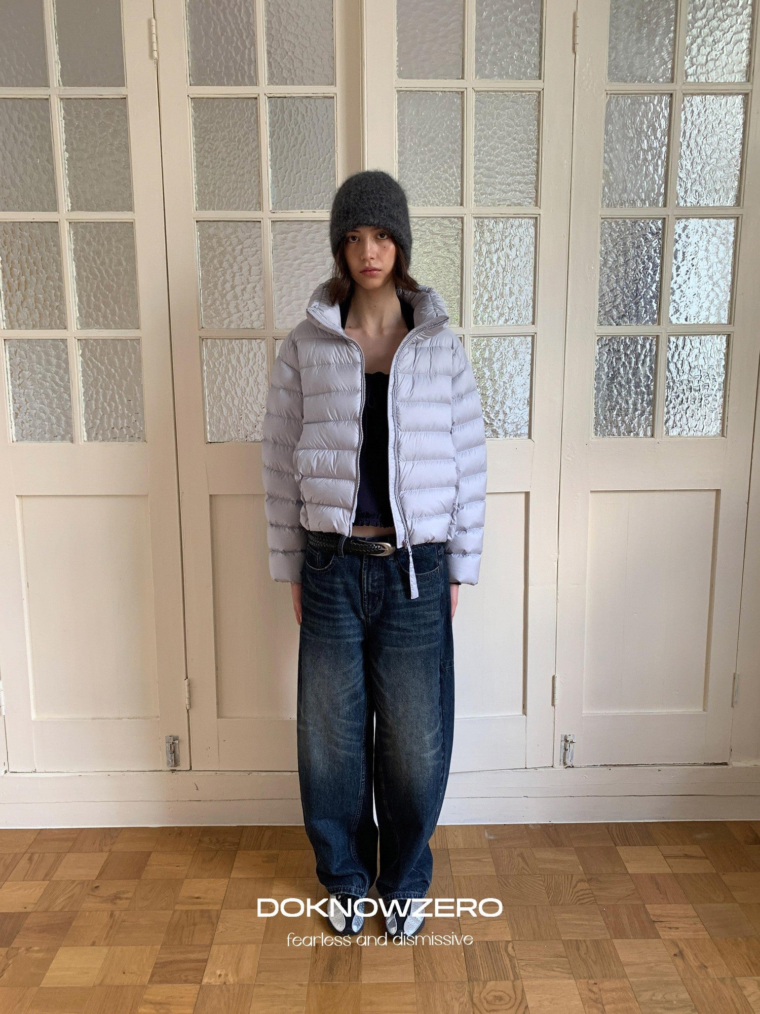 DKZ OFFICIAL Blue Ribbed Quilted Stand Collar Lightweight Women&