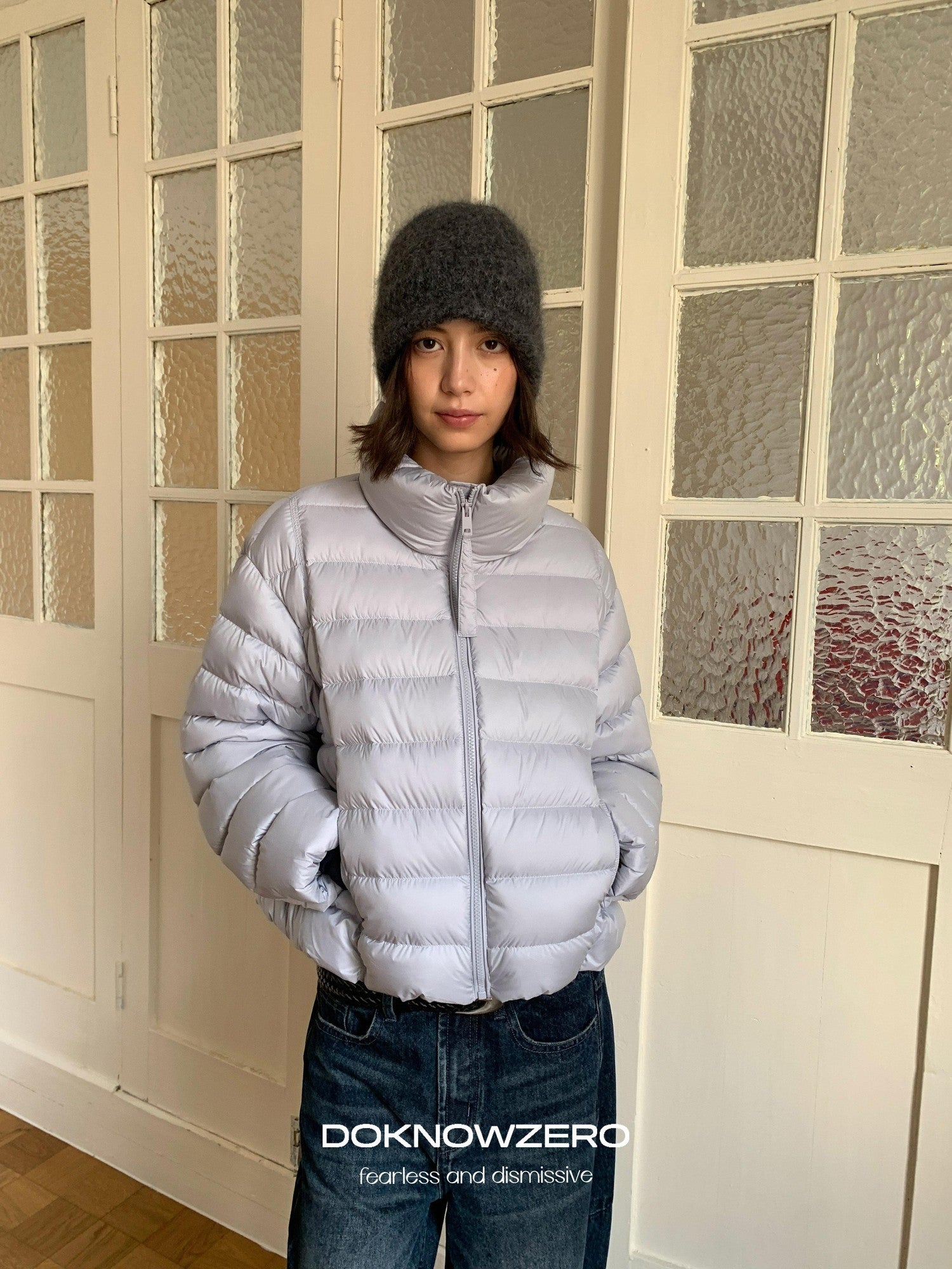 DKZ OFFICIAL Blue Ribbed Quilted Stand Collar Lightweight Women&