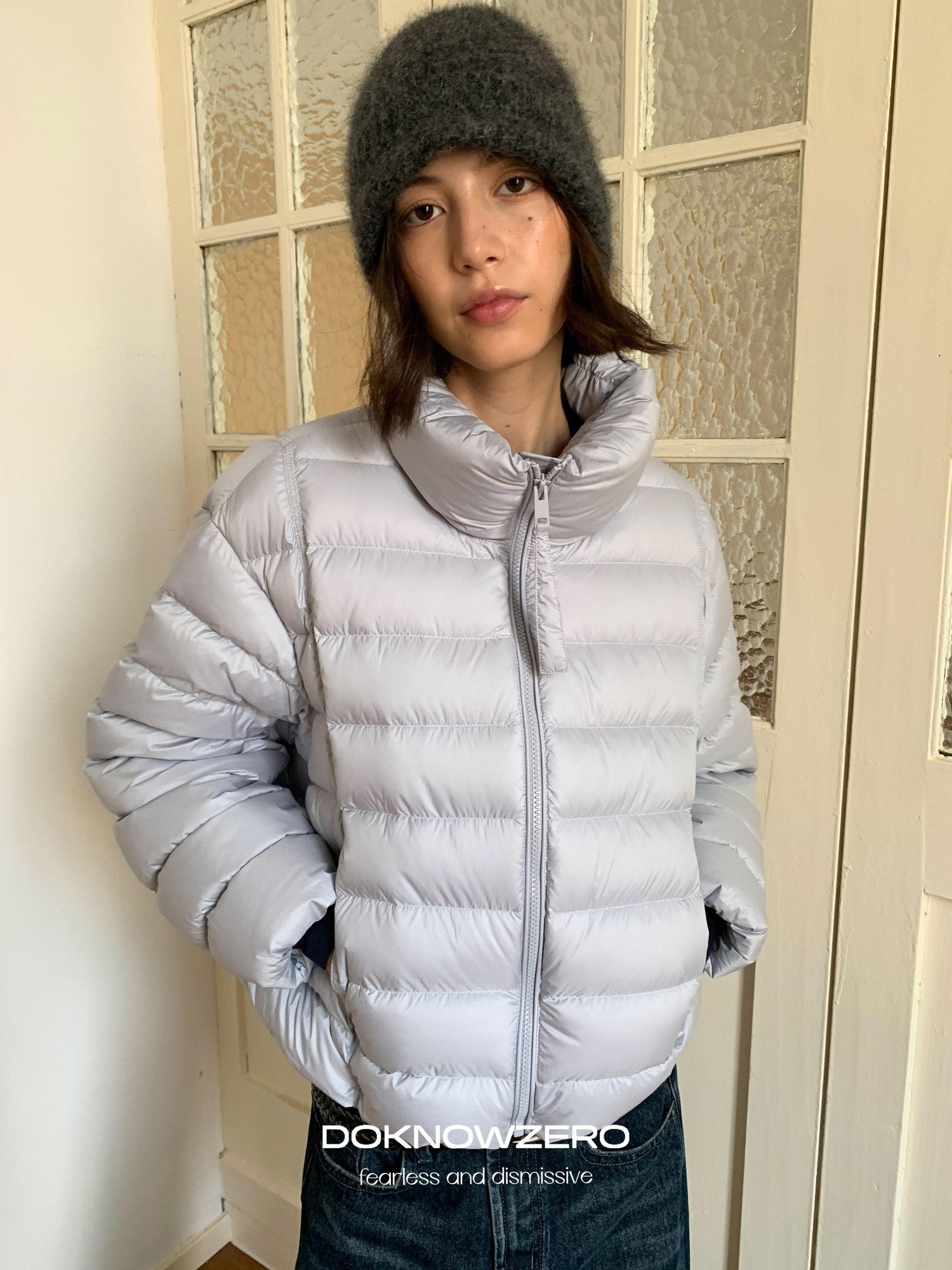 DKZ OFFICIAL Blue Ribbed Quilted Stand Collar Lightweight Women&