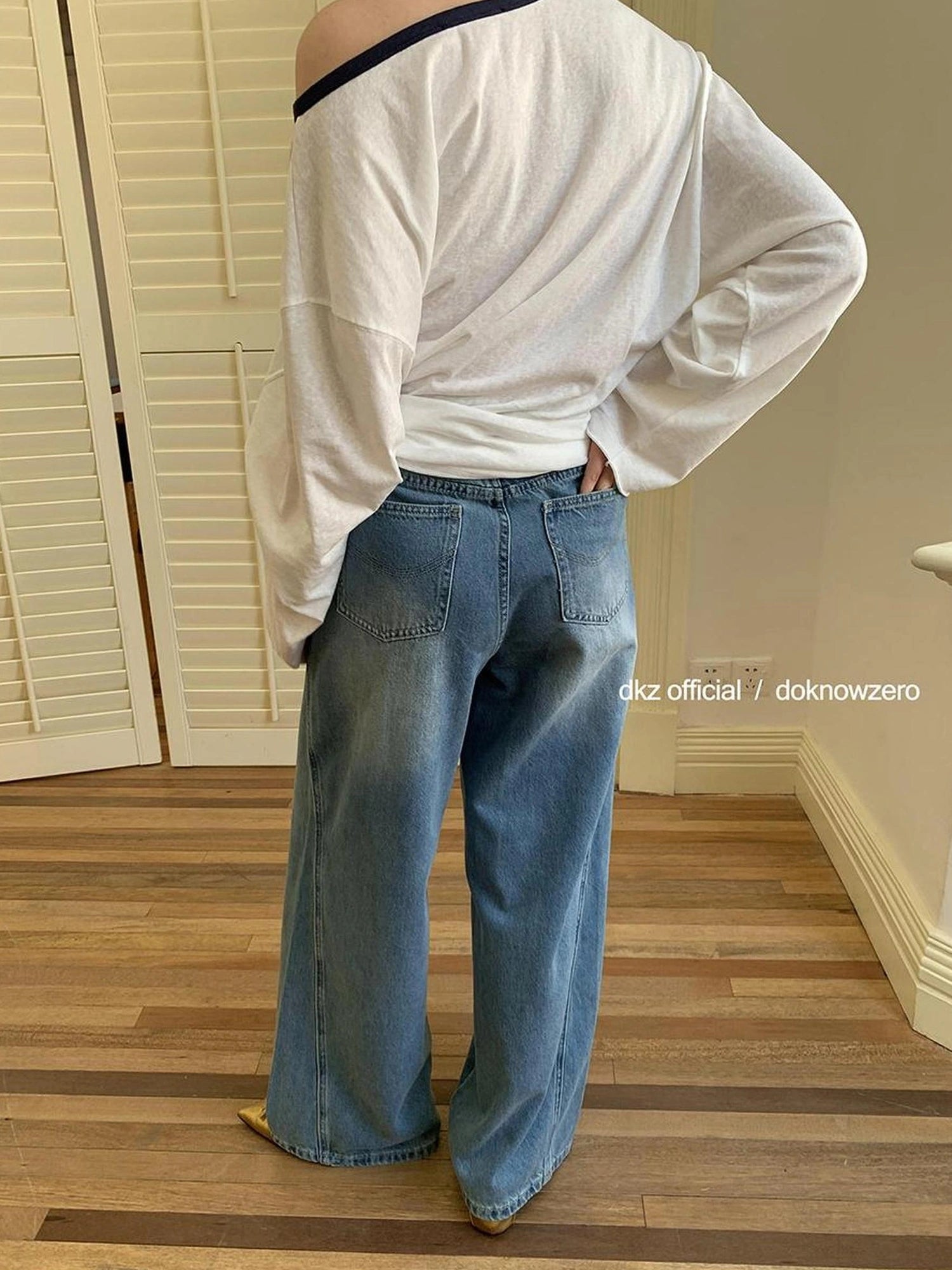 Blue Washed Wide Leg Denim Pants For Women