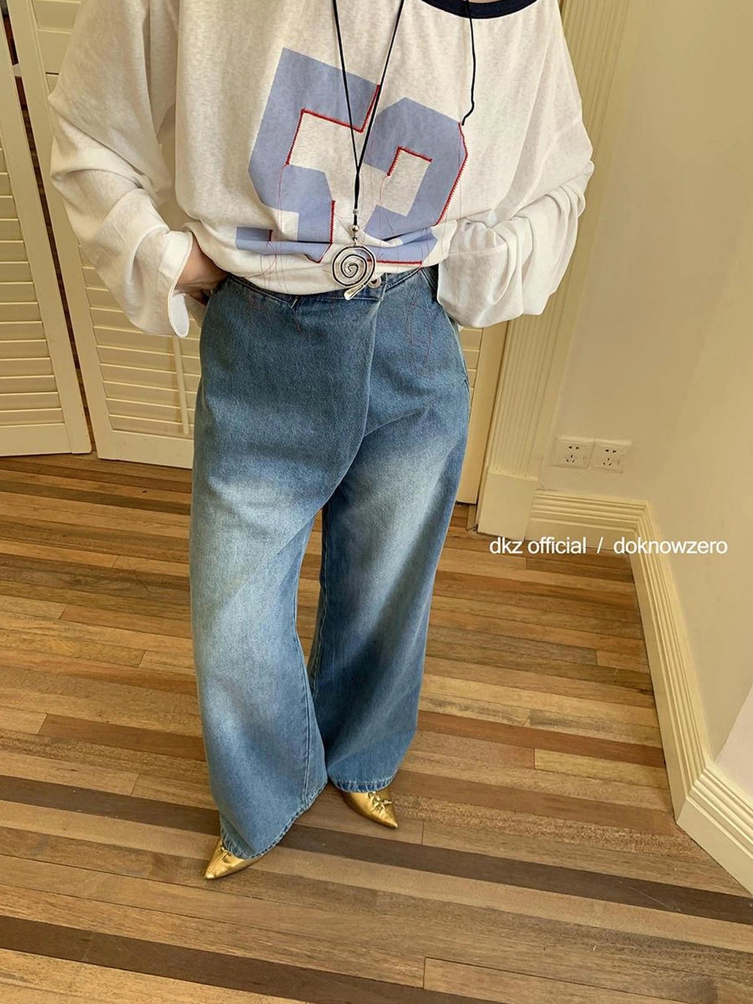 Blue Washed Wide Leg Denim Pants For Women