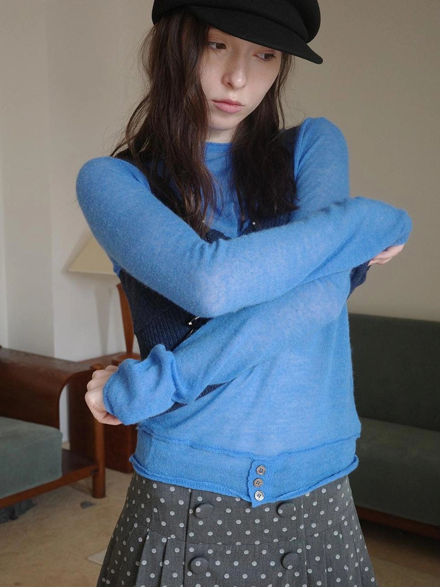 DKZ OFFICIAL Blue Wool Blend Long Sleeve Knit Top