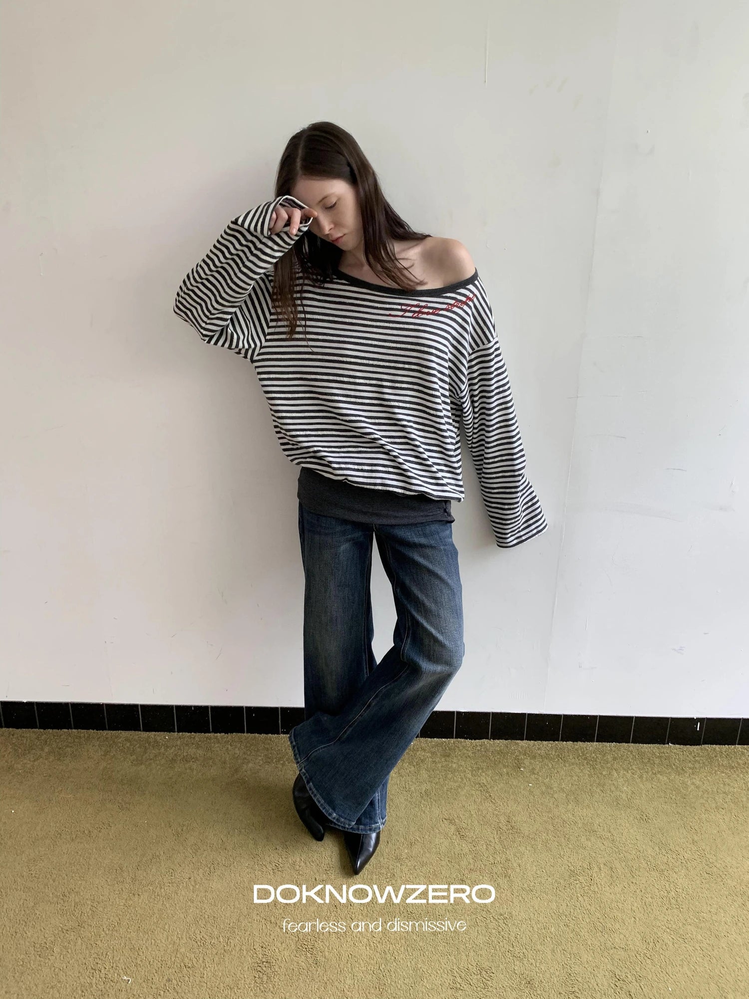 Boat Neck Striped Long Sleeve T-shirt