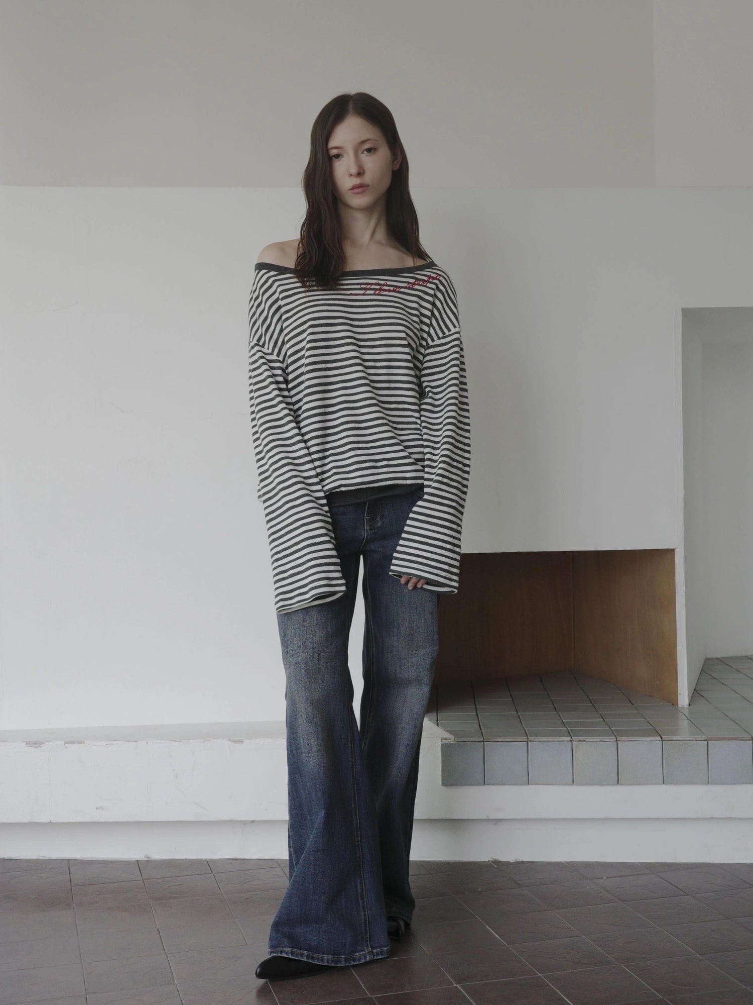 Boat Neck Striped Long Sleeve T-shirt