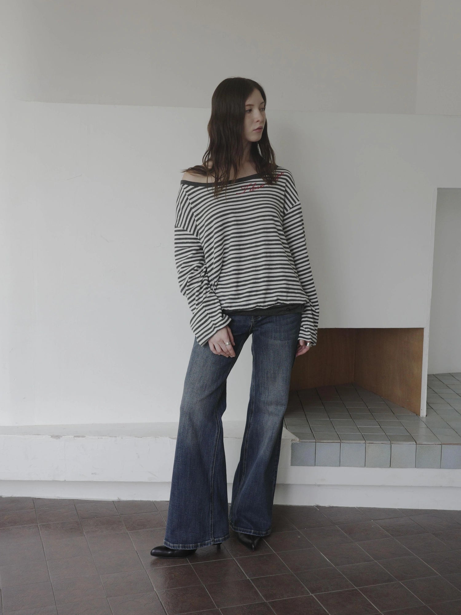 Boat Neck Striped Long Sleeve T-shirt