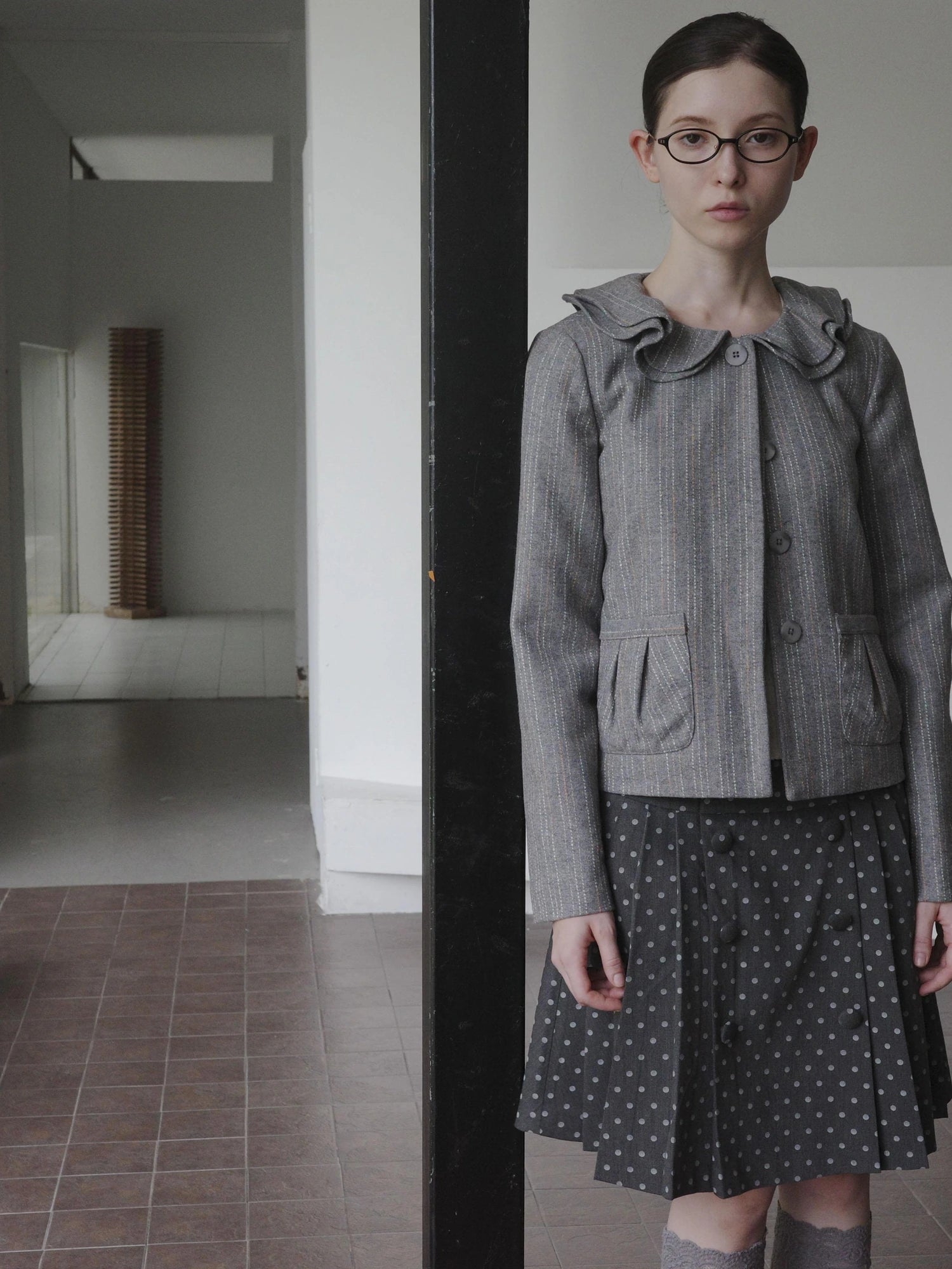 DKZ OFFICIAL British Color Spun Polka Dot Print Pleated Skirt