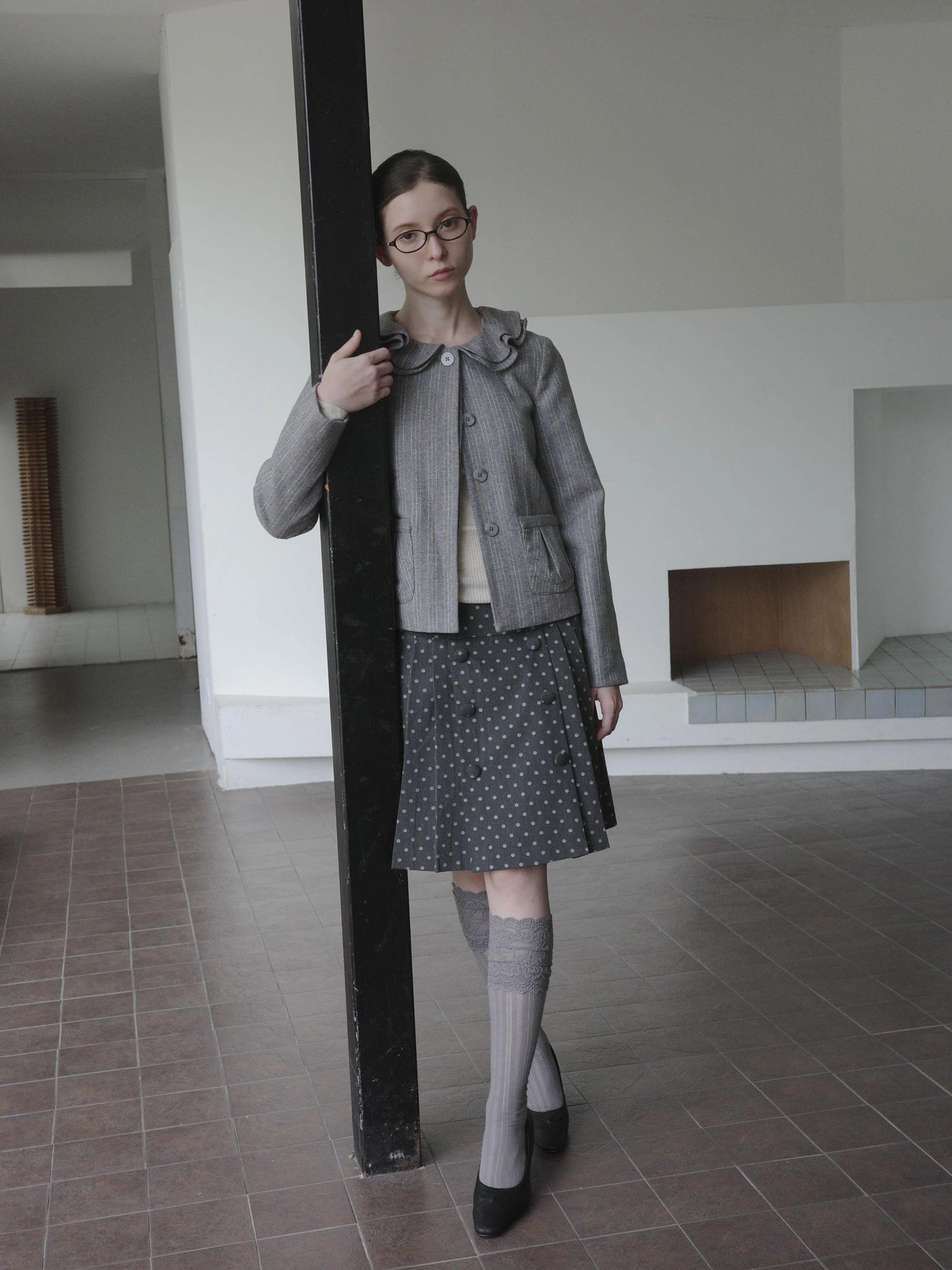 DKZ OFFICIAL British Color Spun Polka Dot Print Pleated Skirt