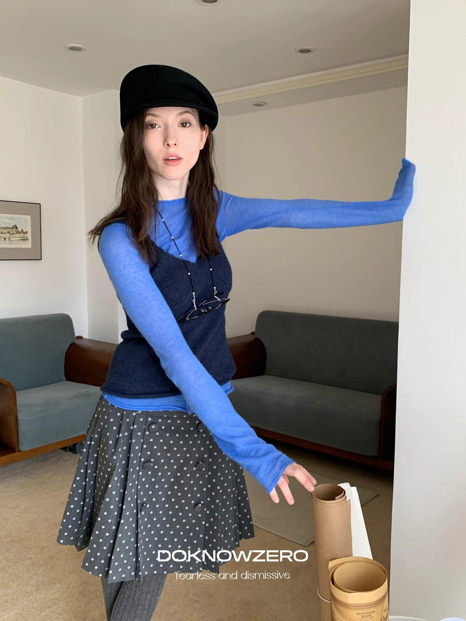 DKZ OFFICIAL British Color Spun Polka Dot Print Pleated Skirt