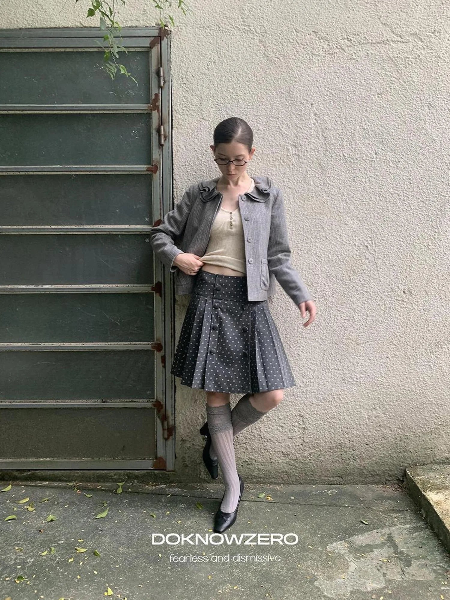 DKZ OFFICIAL British Color Spun Polka Dot Print Pleated Skirt