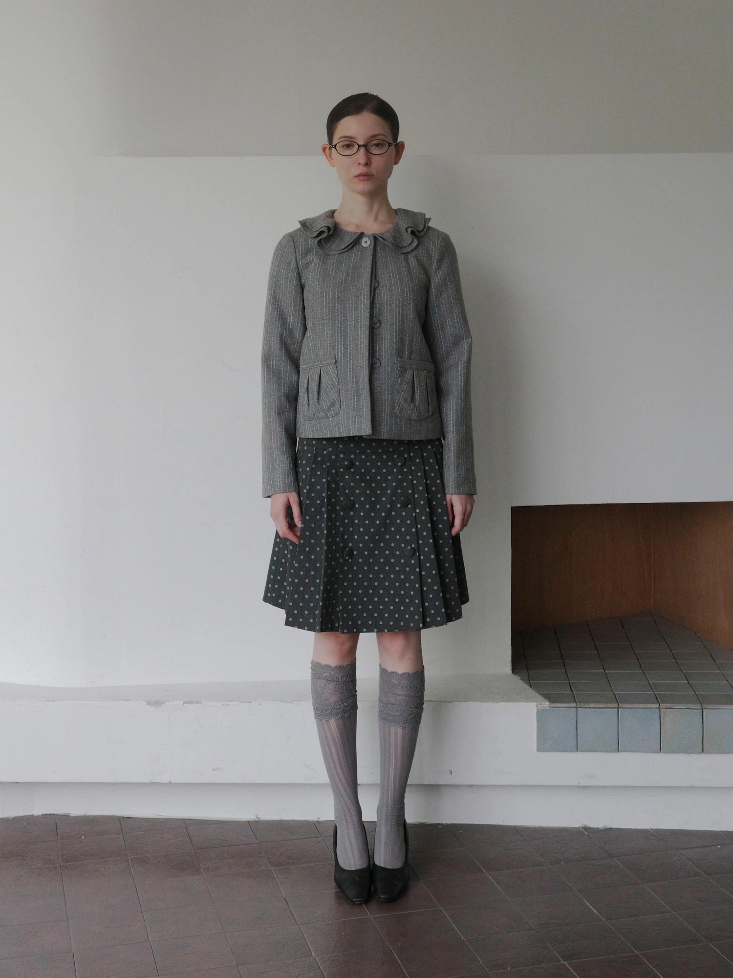 DKZ OFFICIAL British Color Spun Polka Dot Print Pleated Skirt