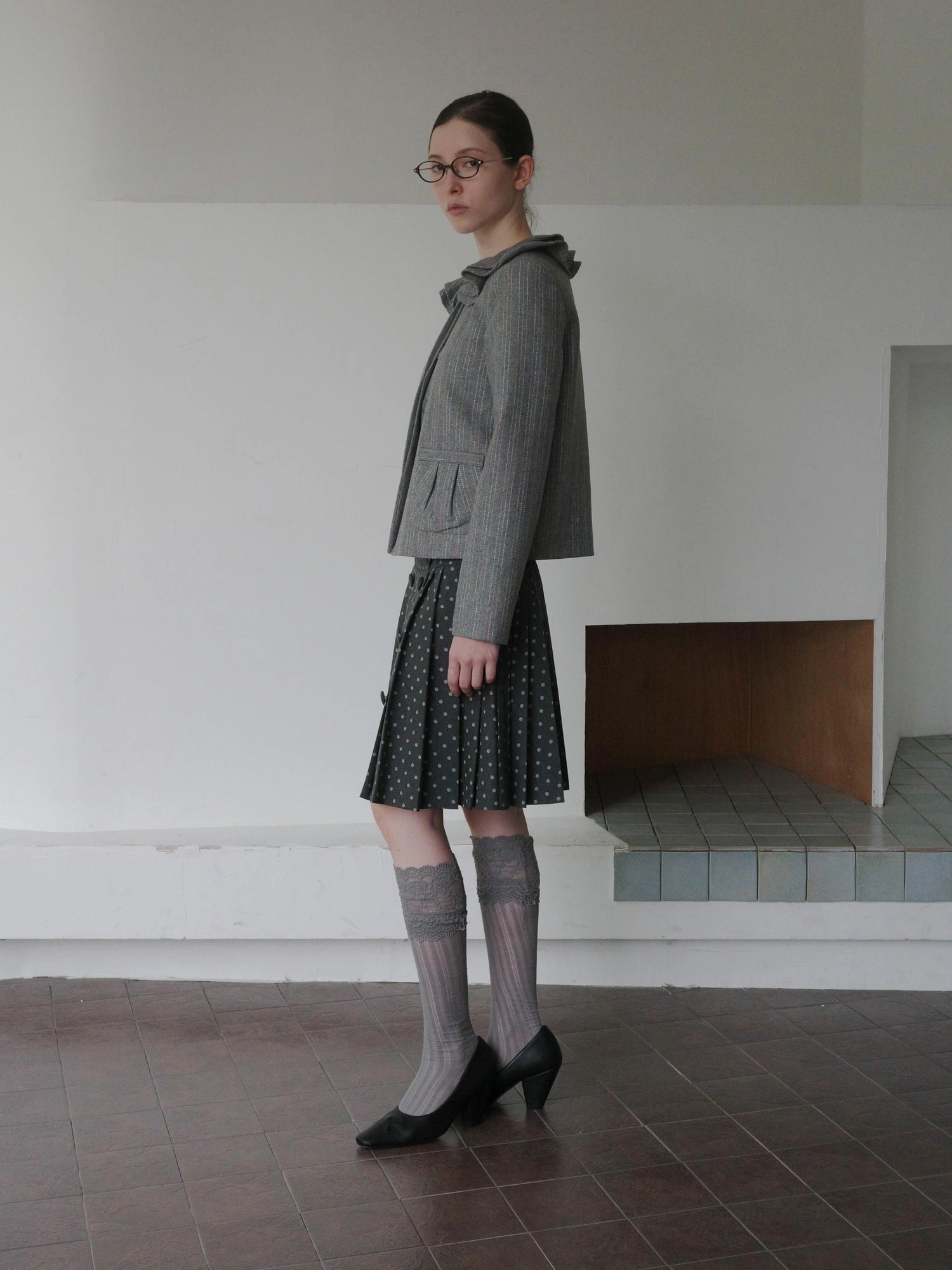 DKZ OFFICIAL British Color Spun Polka Dot Print Pleated Skirt