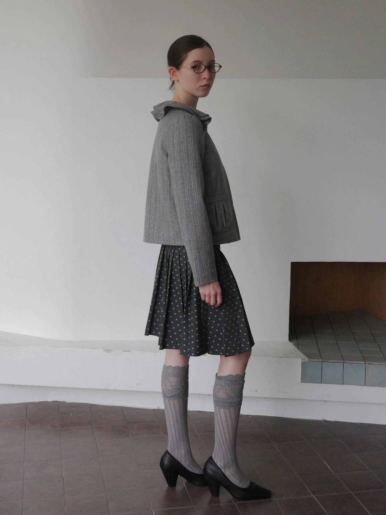 DKZ OFFICIAL British Color Spun Polka Dot Print Pleated Skirt