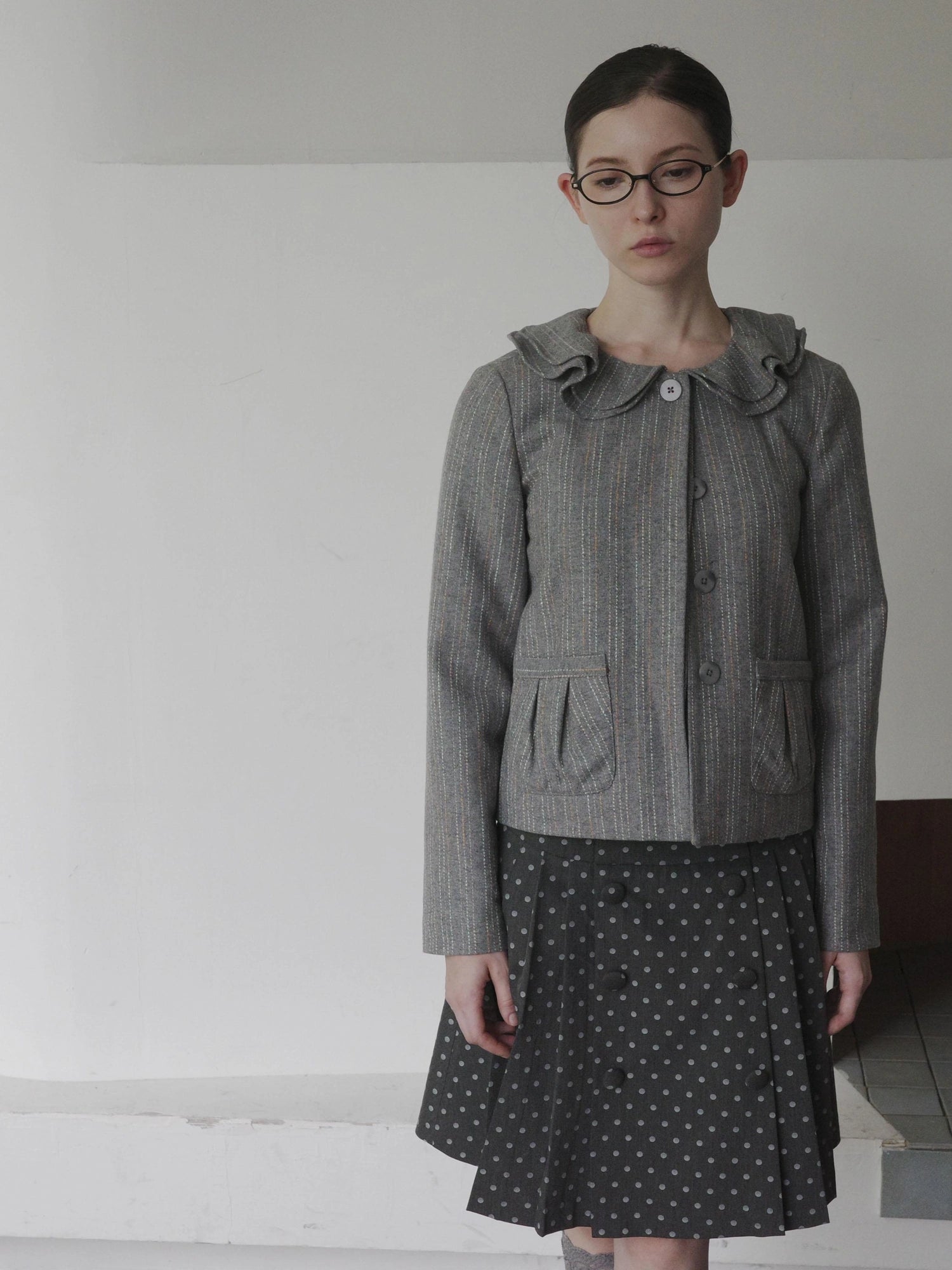 DKZ OFFICIAL British Color Spun Polka Dot Print Pleated Skirt