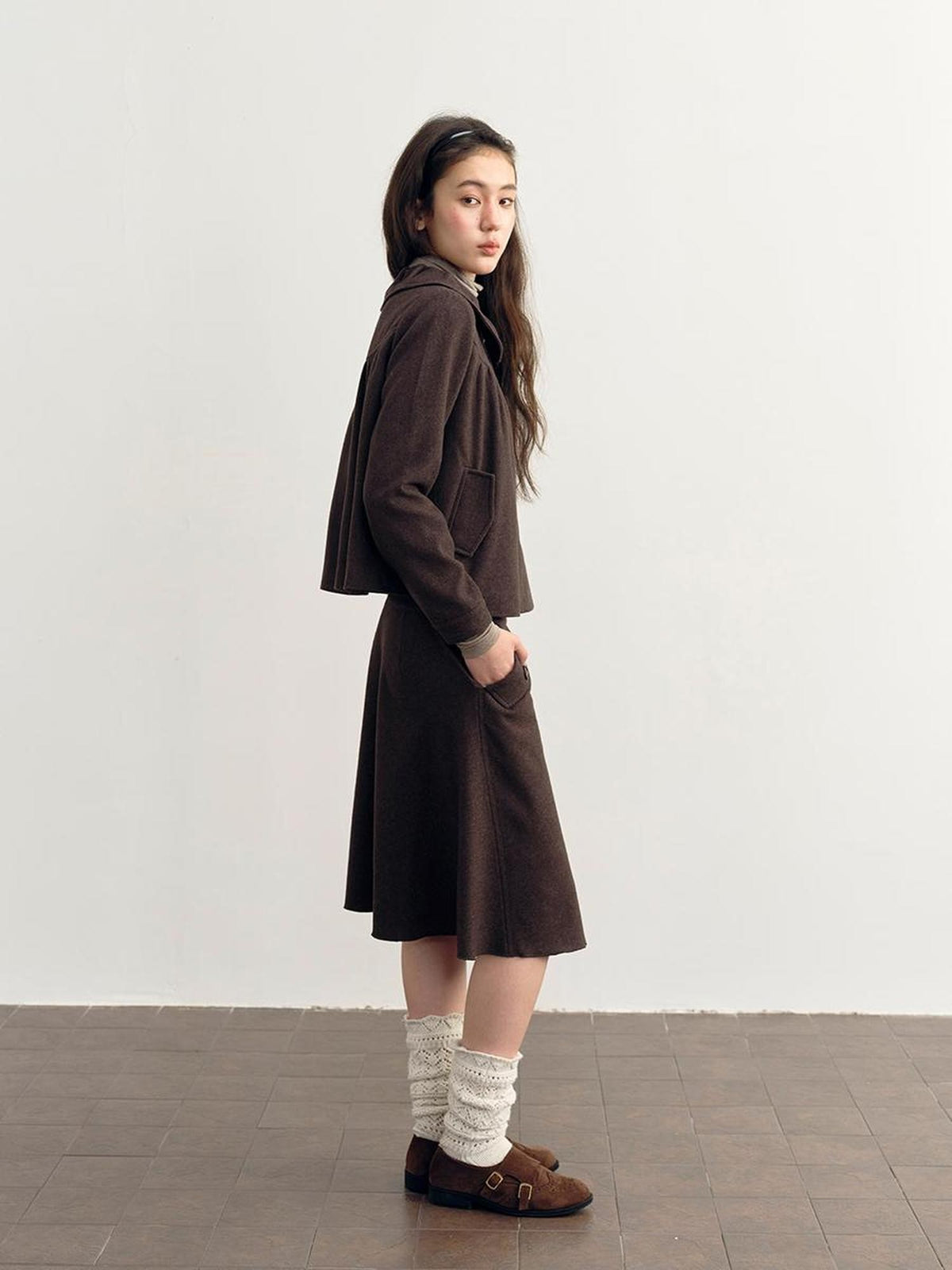 DKZ OFFICIAL Brown Wool Blend A Line Ruffle Pocket Women&