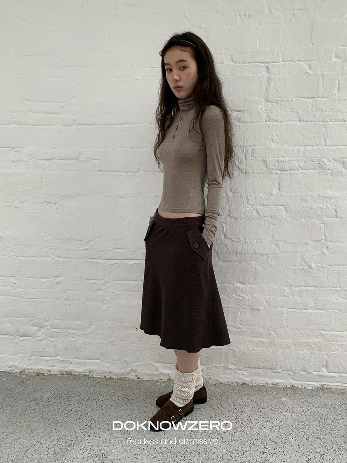 DKZ OFFICIAL Brown Wool Blend A Line Ruffle Pocket Women&