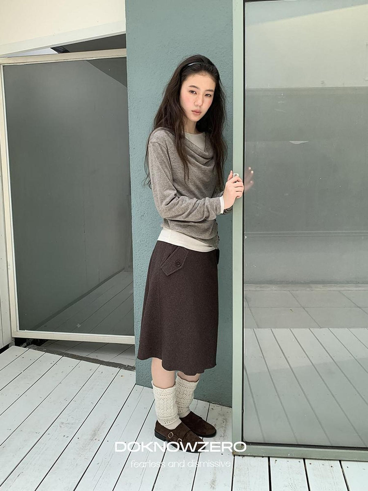 DKZ OFFICIAL Brown Wool Blend A Line Ruffle Pocket Women&