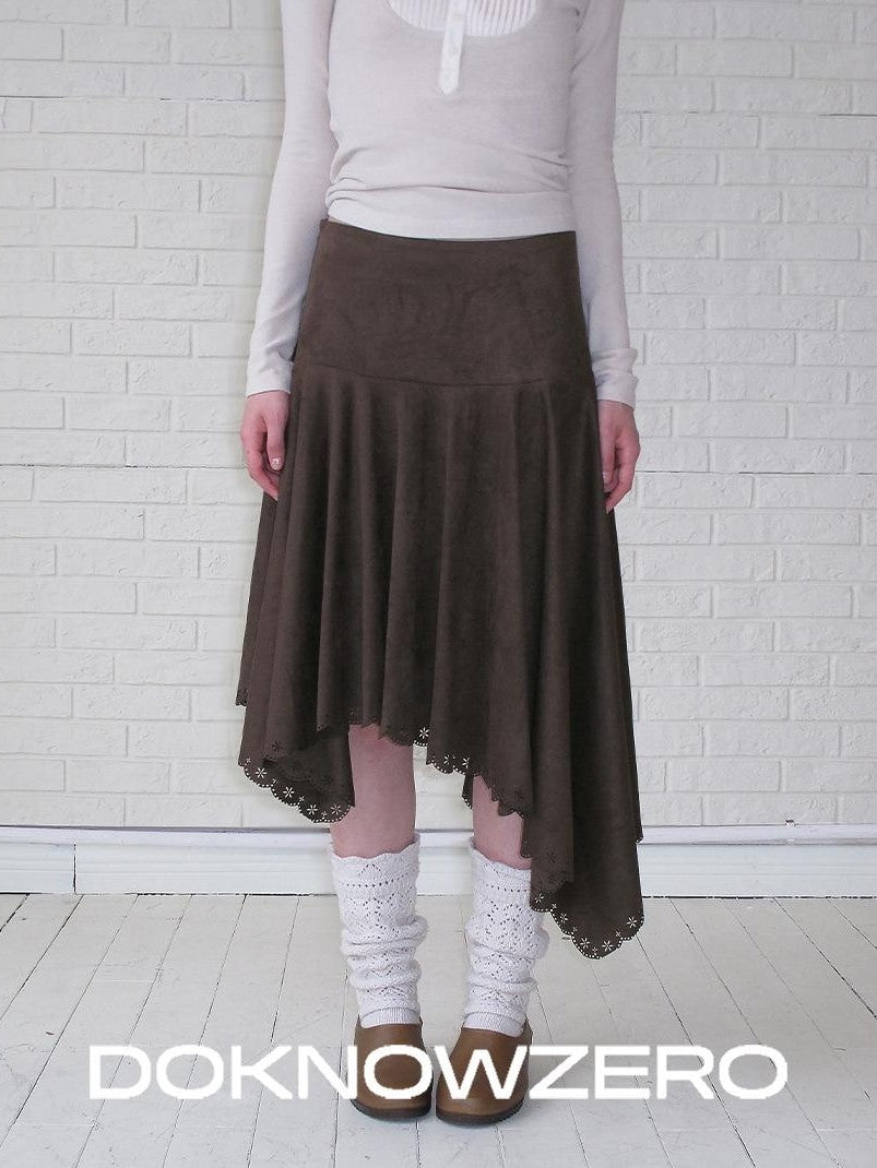 DKZ OFFICIAL Burnout Asymmetric A Line Faux Suede Women&