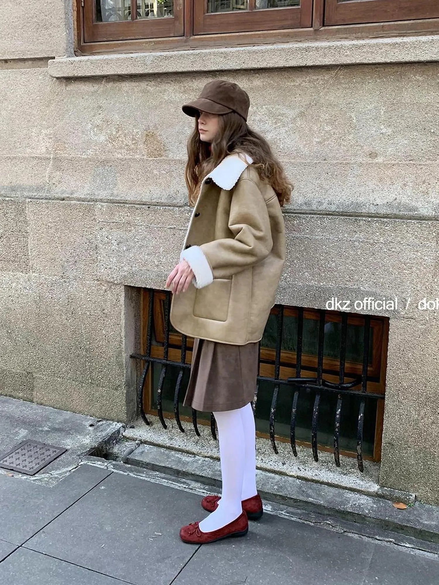 DKZ OFFICIAL Camel Brown Faux Fur Collar Women Winter Coat