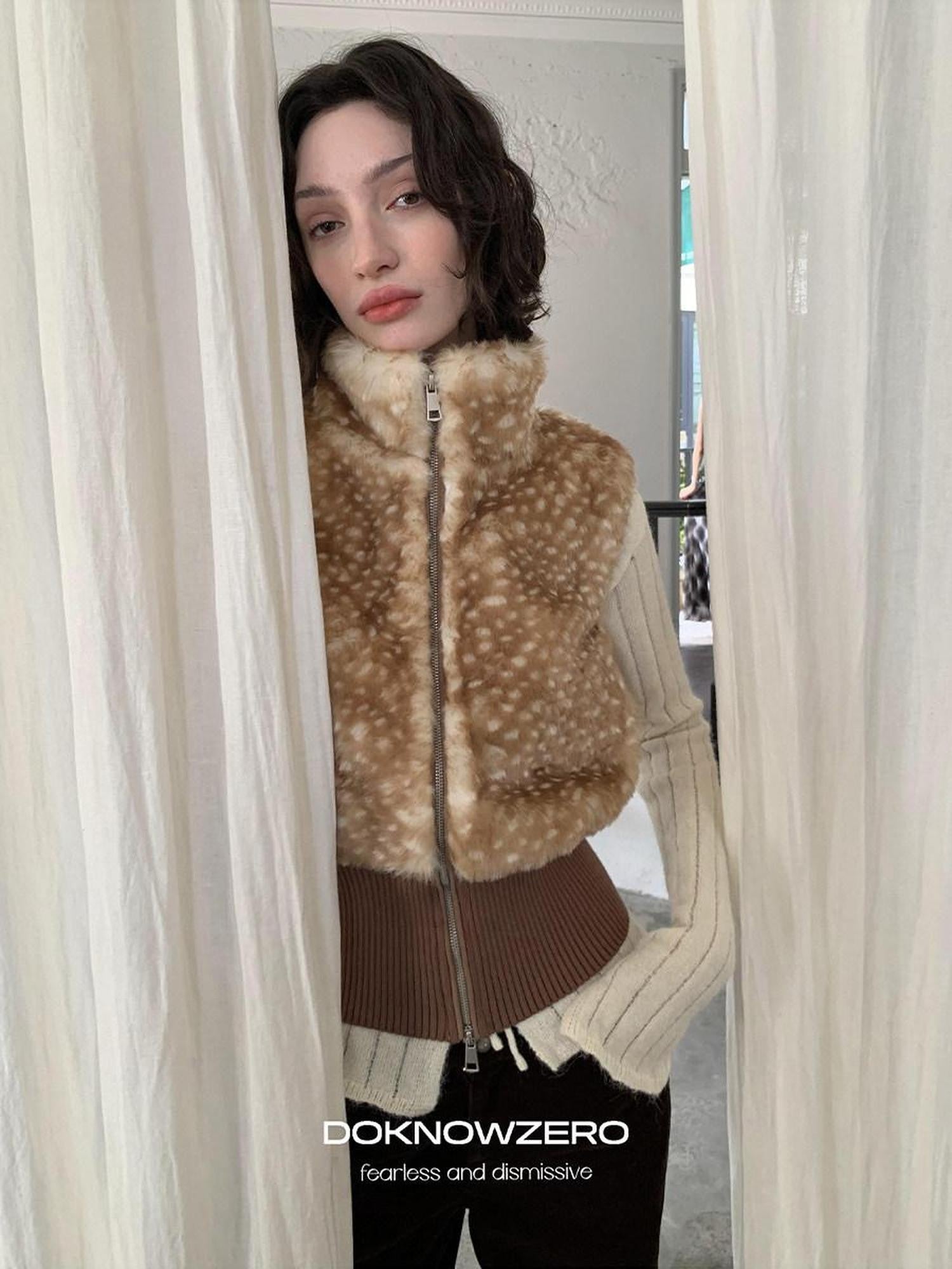 DKZ OFFICIAL Camel Deer Print Faux Fur Stand Collar Women&