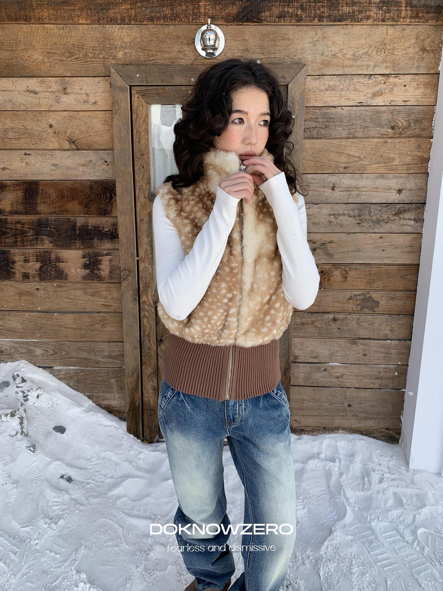 DKZ OFFICIAL Camel Deer Print Faux Fur Stand Collar Women&