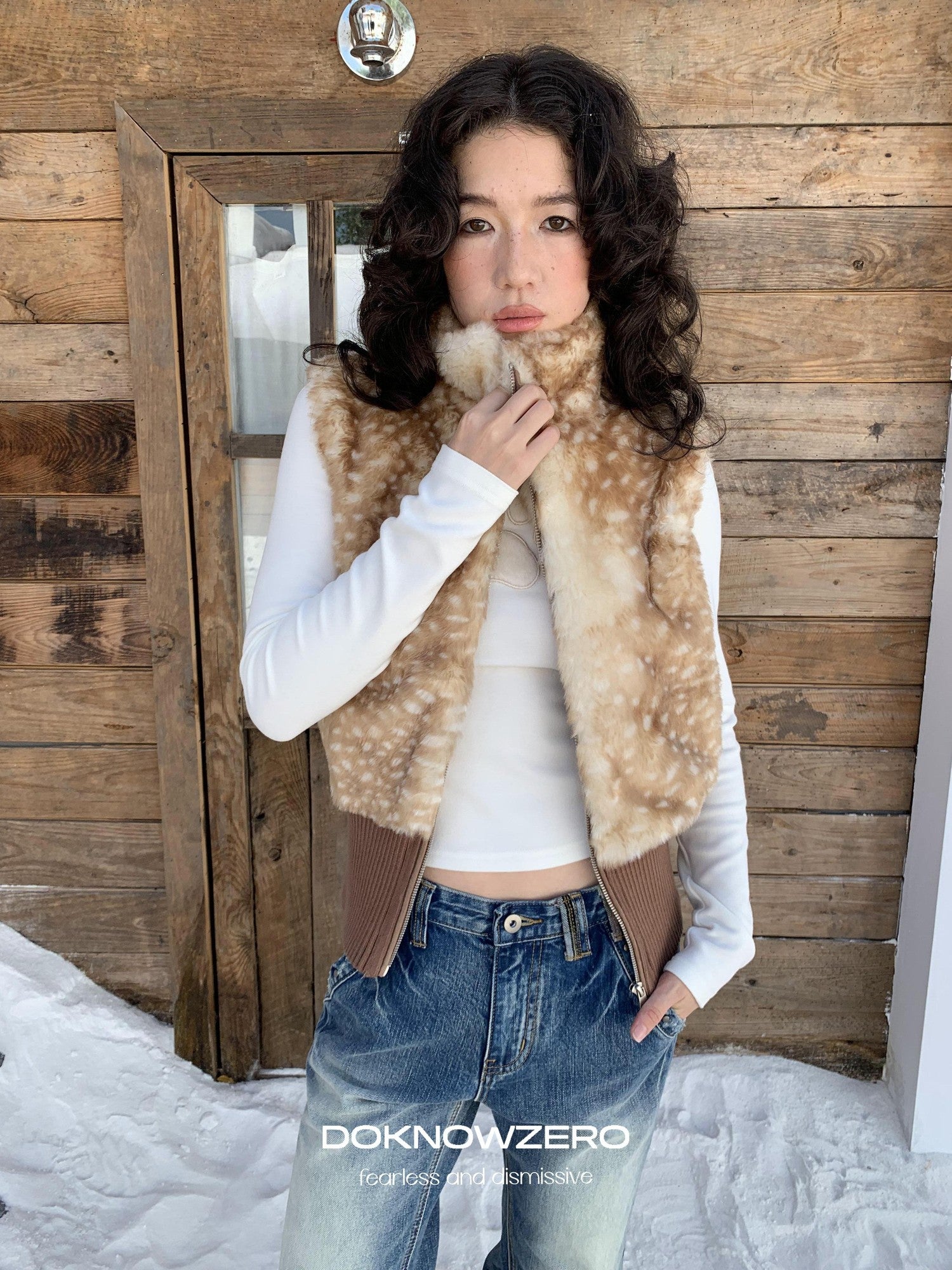 DKZ OFFICIAL Camel Deer Print Faux Fur Stand Collar Women&