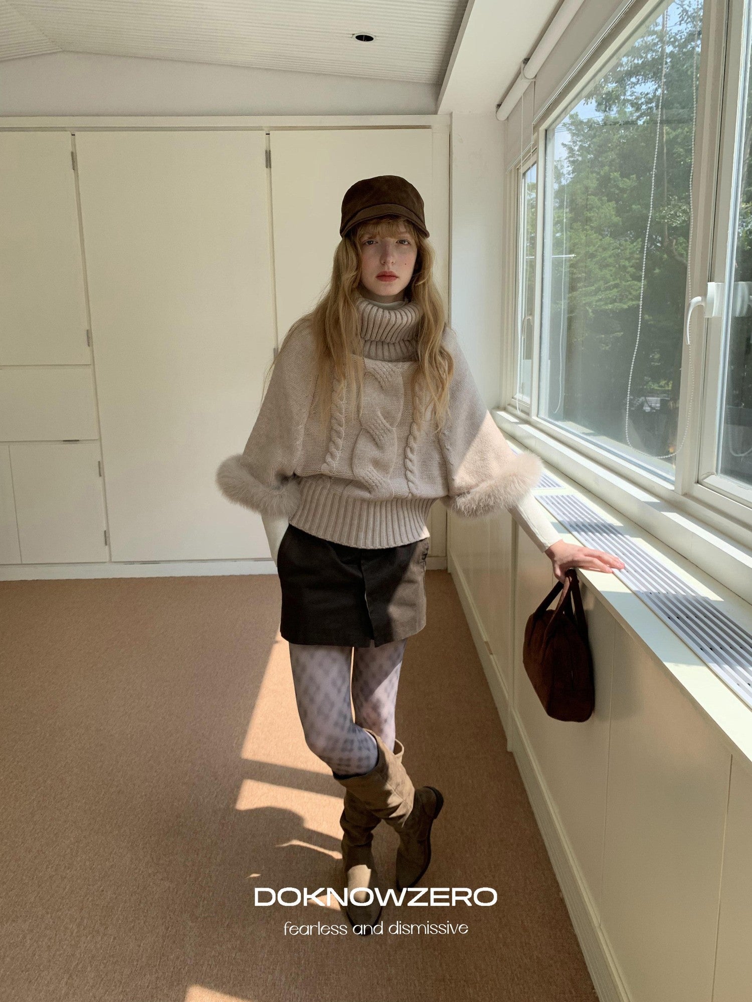 DKZ OFFICIAL Camel Detachable Fox Fur Turtleneck Loose Straight Women&