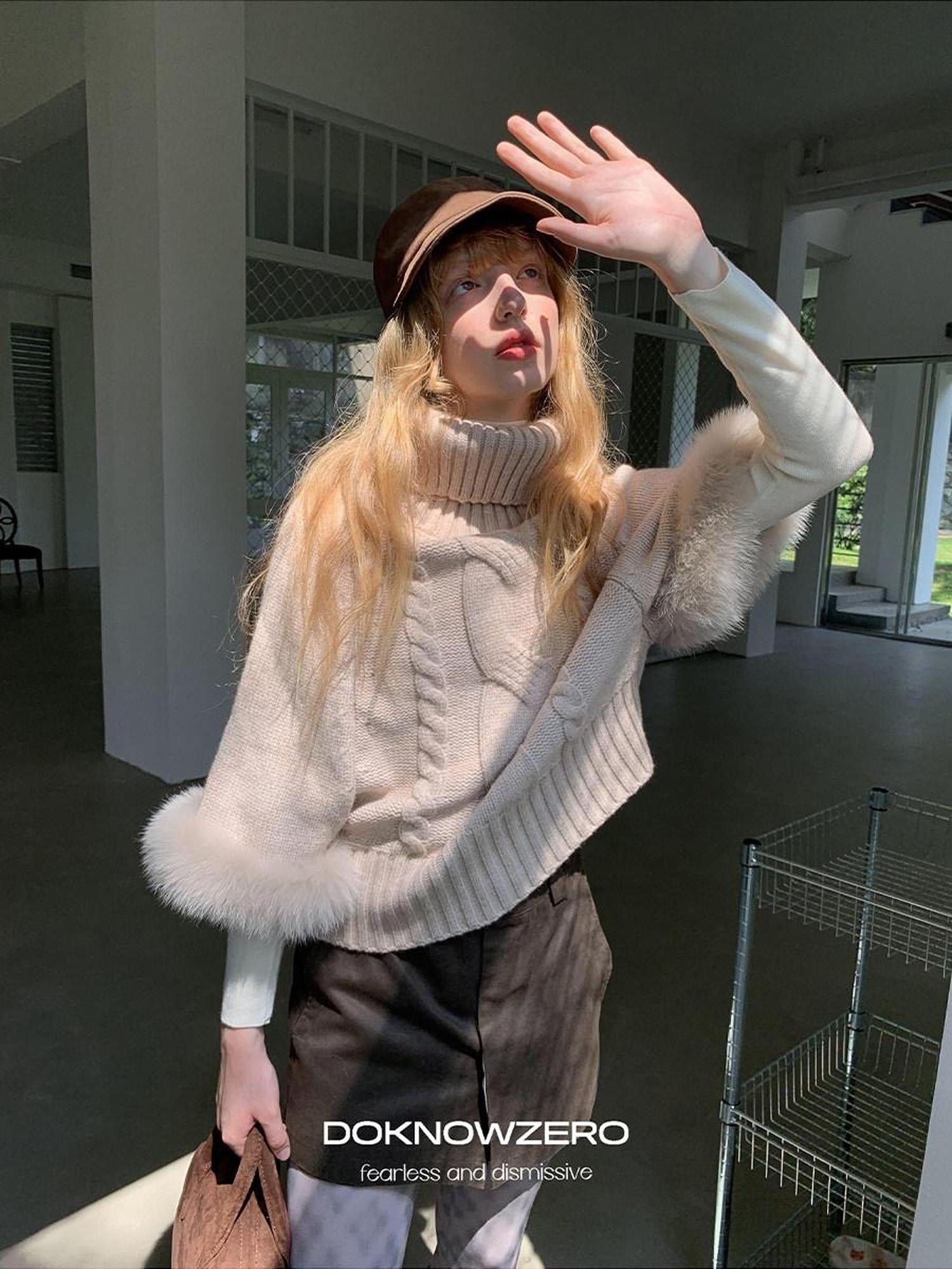 DKZ OFFICIAL Camel Detachable Fox Fur Turtleneck Loose Straight Women&