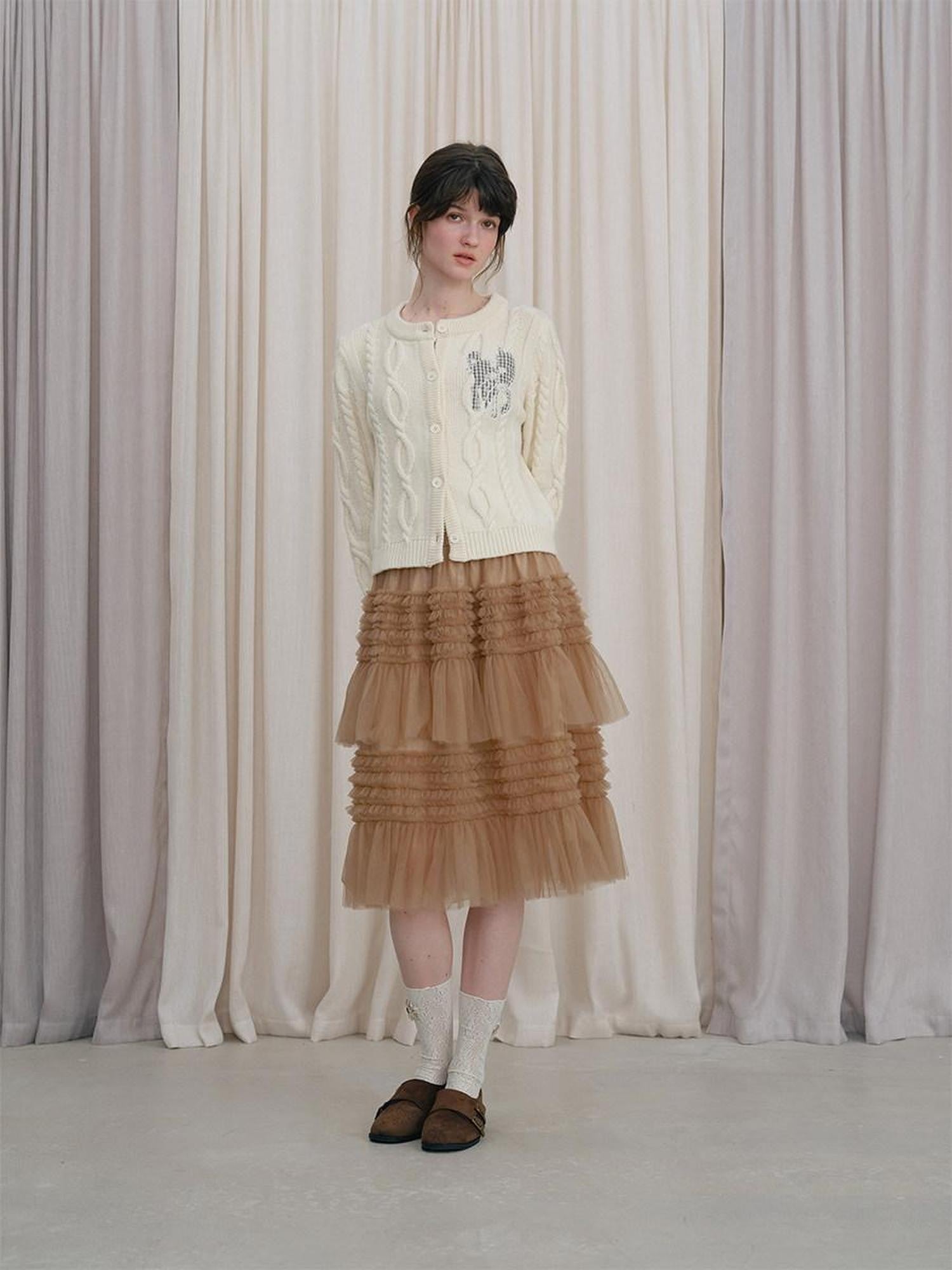 DKZ OFFICIAL Camel Tulle Puff Ruffle Lace Splice Women&