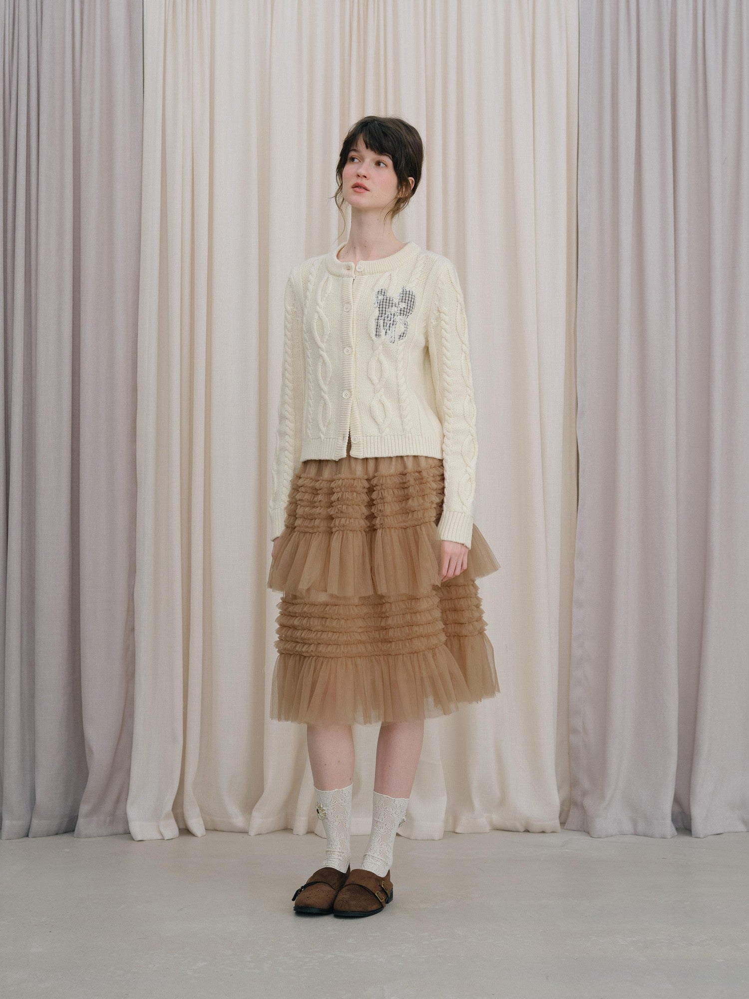 DKZ OFFICIAL Camel Tulle Puff Ruffle Lace Splice Women&