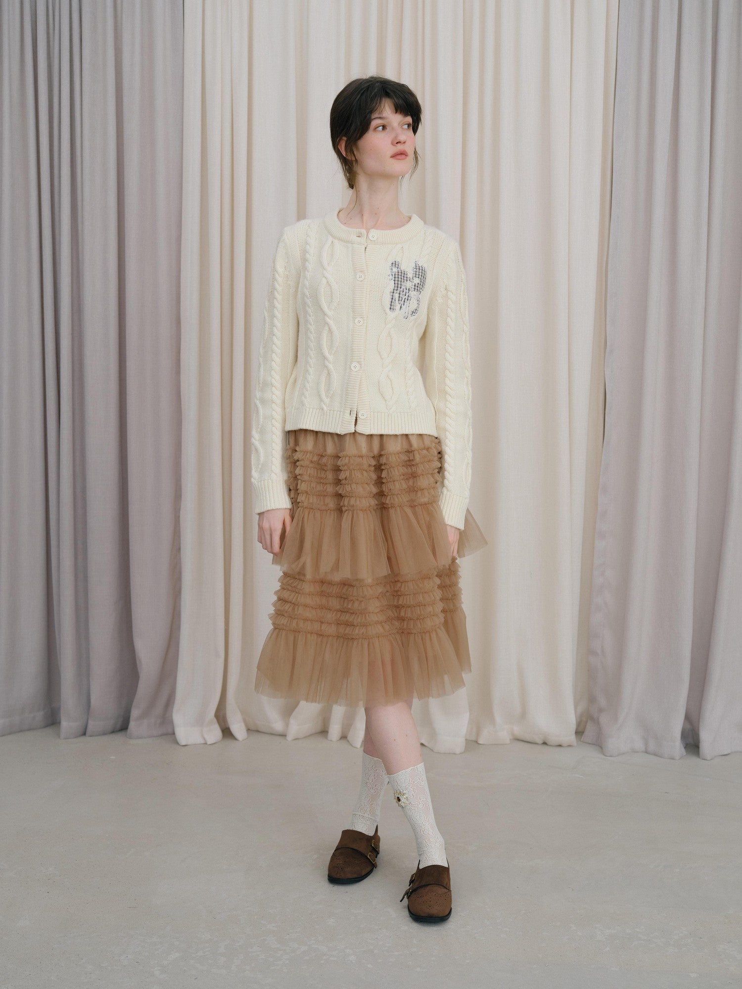 DKZ OFFICIAL Camel Tulle Puff Ruffle Lace Splice Women&