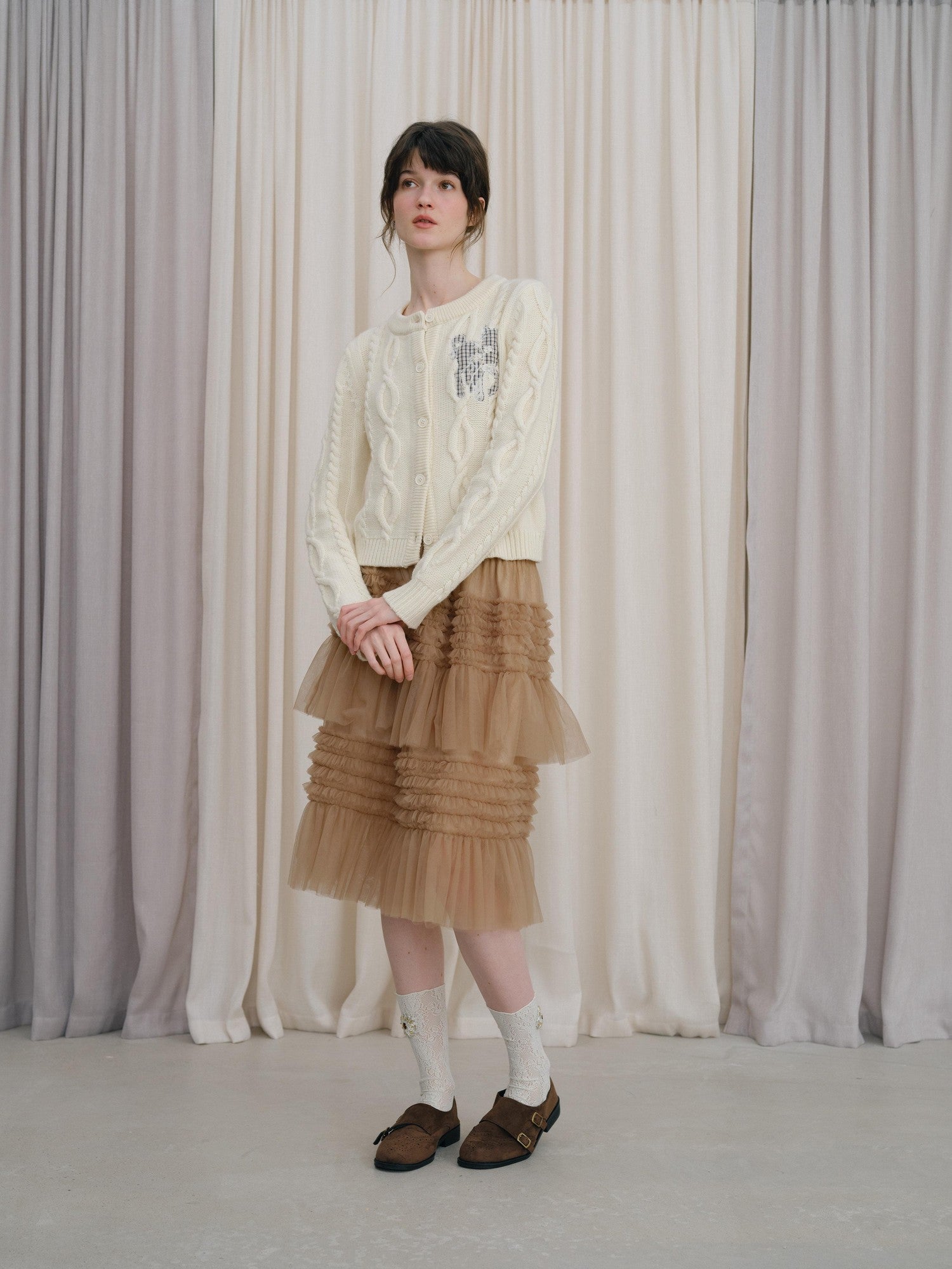 DKZ OFFICIAL Camel Tulle Puff Ruffle Lace Splice Women&