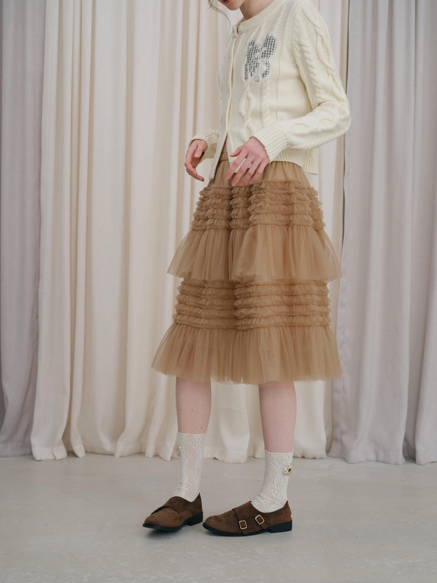 DKZ OFFICIAL Camel Tulle Puff Ruffle Lace Splice Women&
