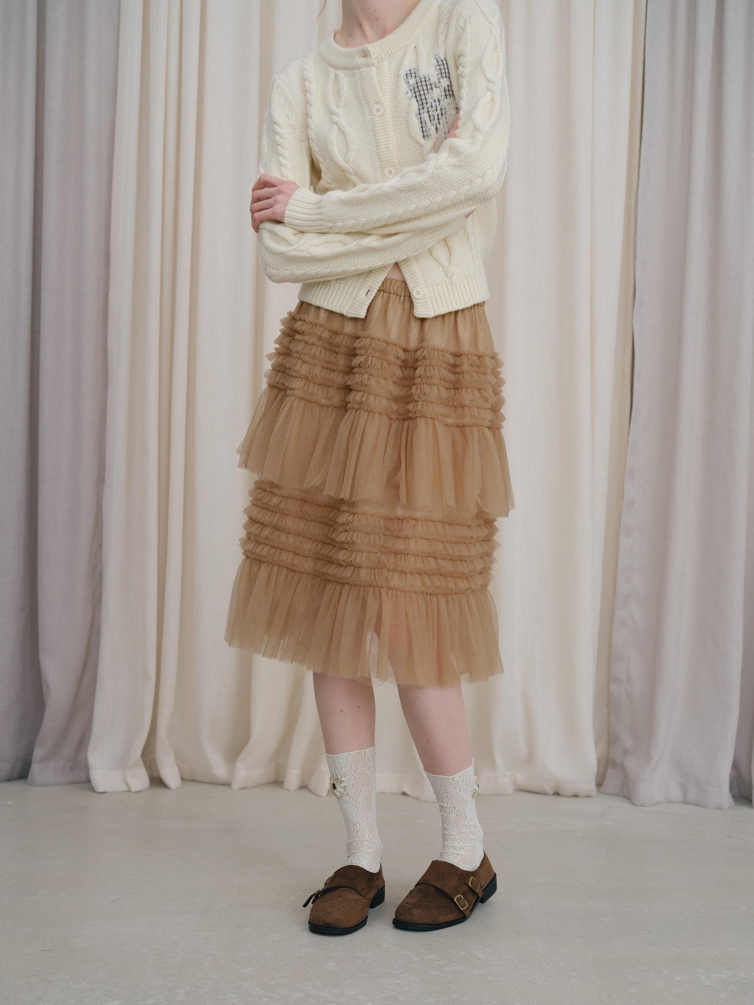 DKZ OFFICIAL Camel Tulle Puff Ruffle Lace Splice Women&